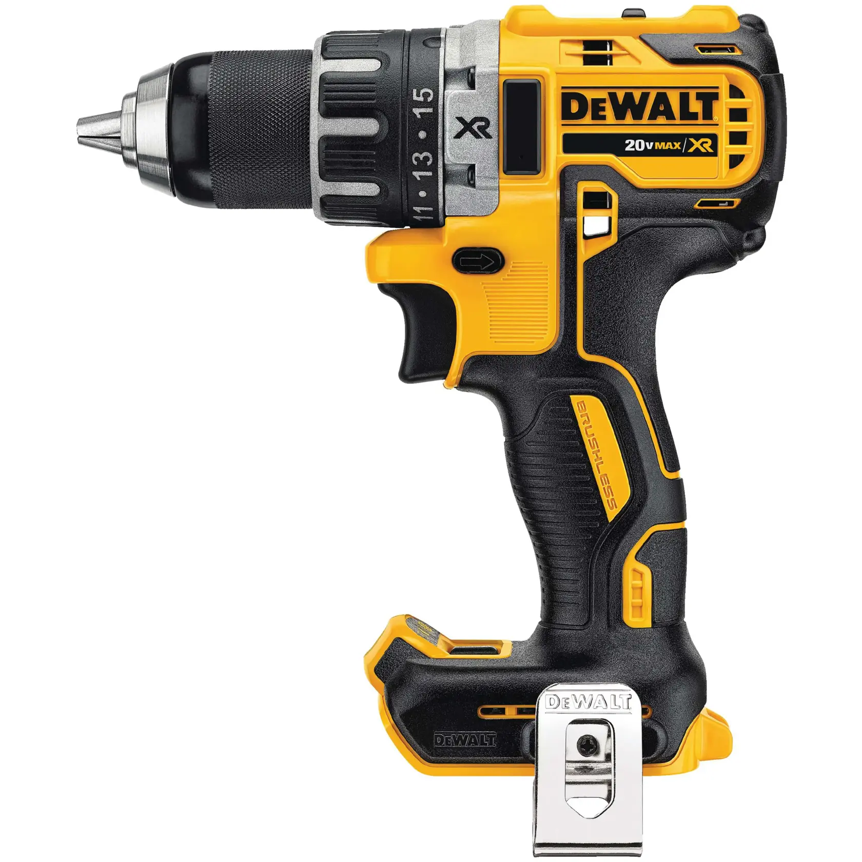 Kit de taladro y destornillador inalámbrico DEWALT 20V MAX XR, que incluye el taladro, un estuche negro con el logo DEWALT, un cargador de batería y dos baterías de litio amarillas.