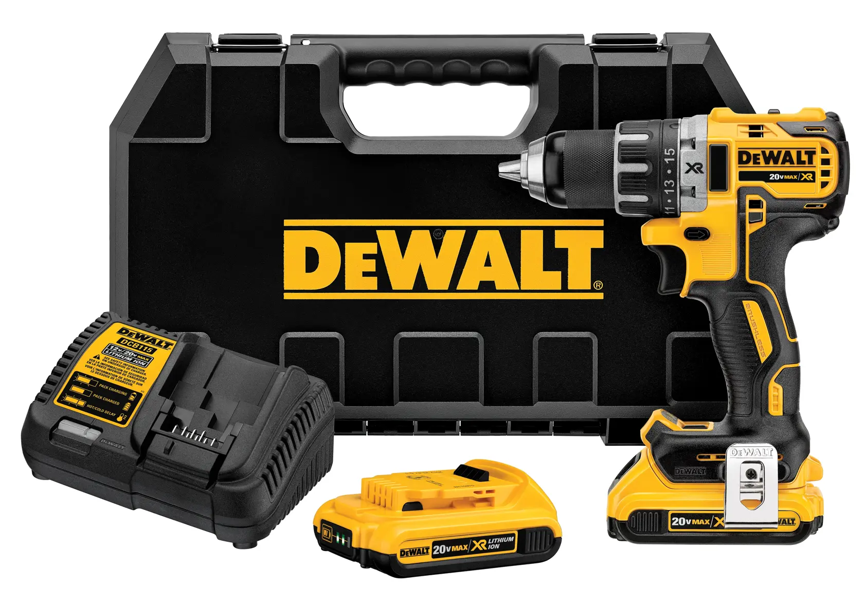 Kit de furadeira e parafusadeira sem fio DEWALT 20V MAX XR, incluindo a furadeira, uma maleta preta com o logotipo DEWALT, um carregador de bateria e duas baterias de íon de lítio amarelas.