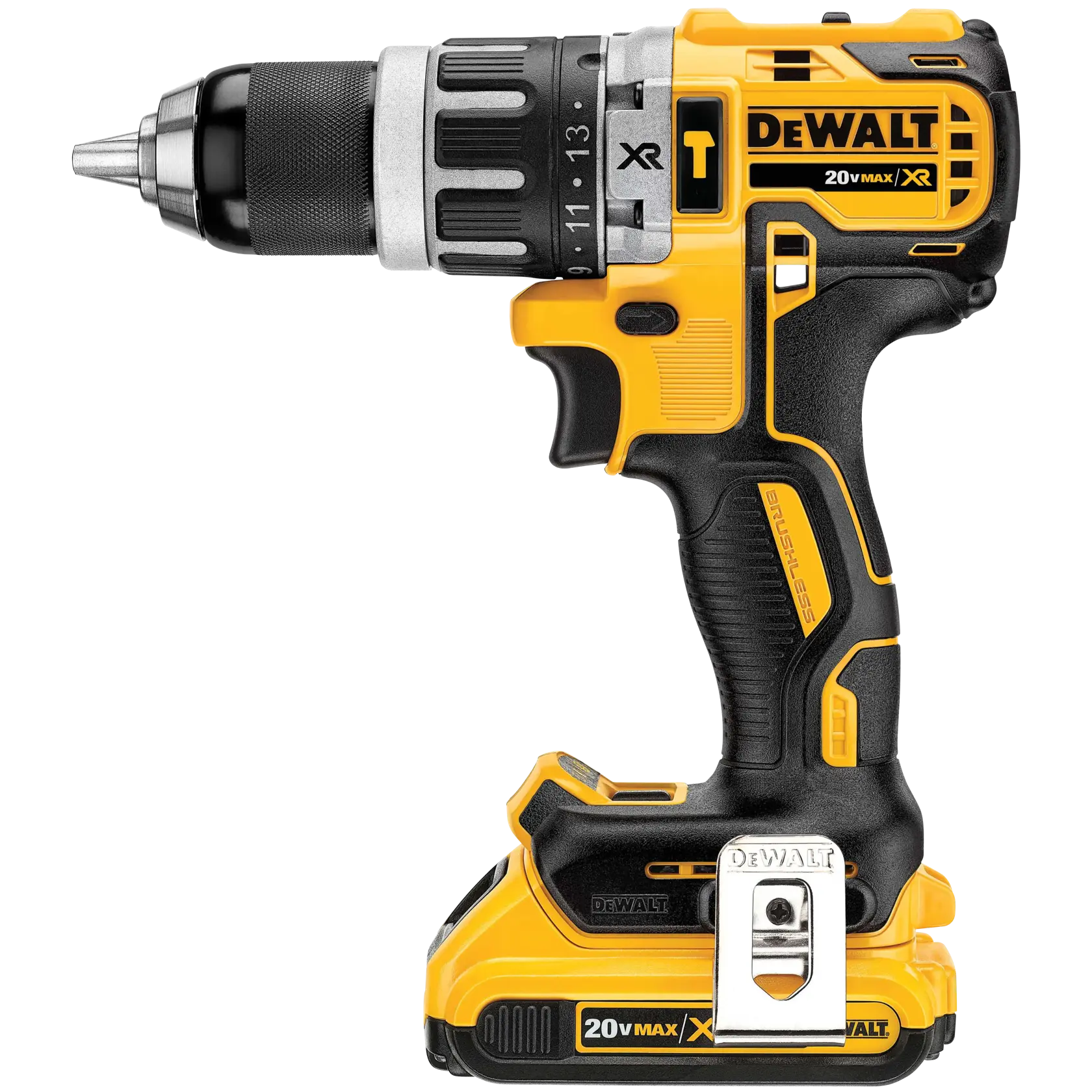 Uma furadeira sem fio amarela e preta DEWALT 20V Max XR com motor brushless, mostrada de perfil com a bateria acoplada.
