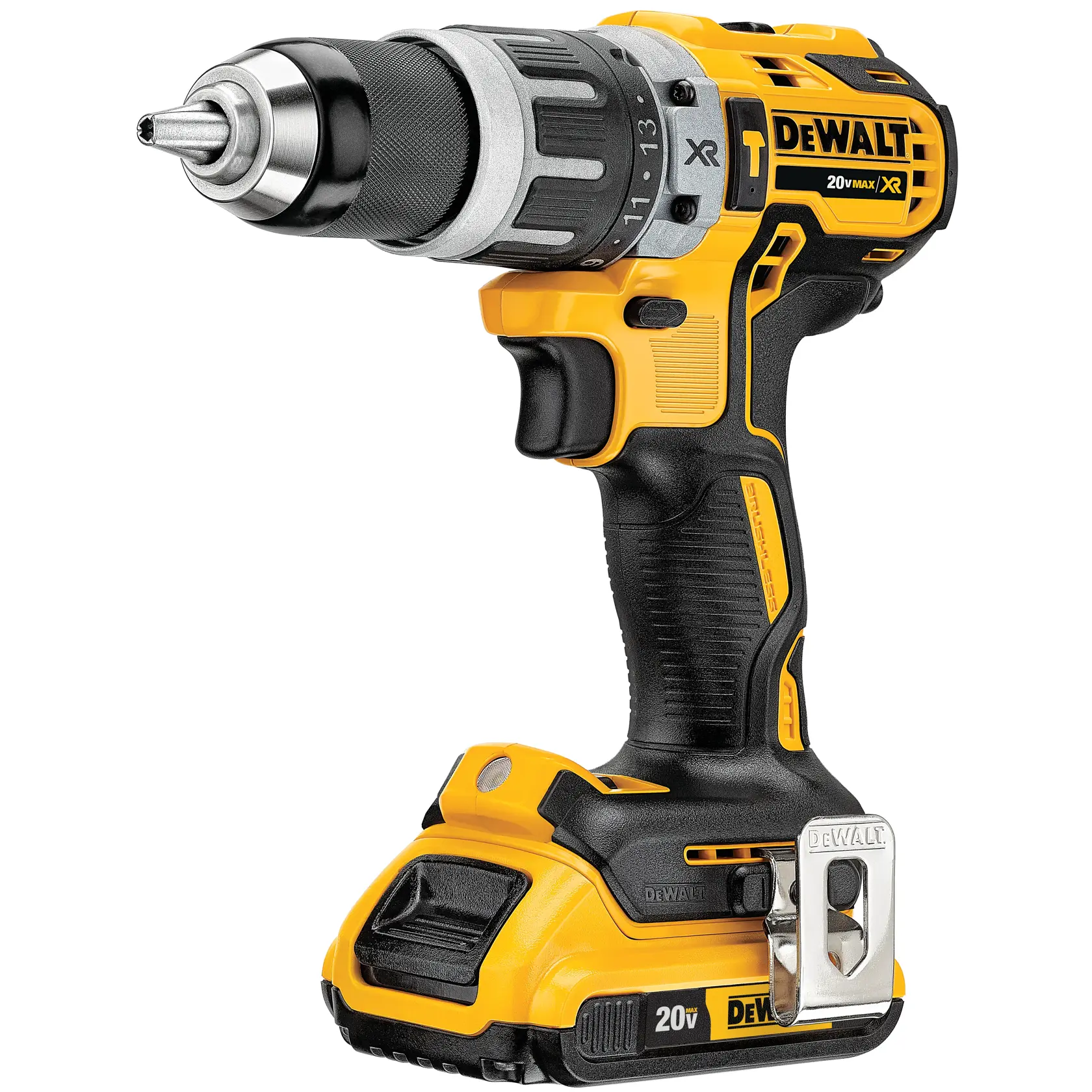 Uma furadeira elétrica sem fio DEWALT 20V Max XR com design amarelo e preto, exibida em pé com a bateria acoplada.