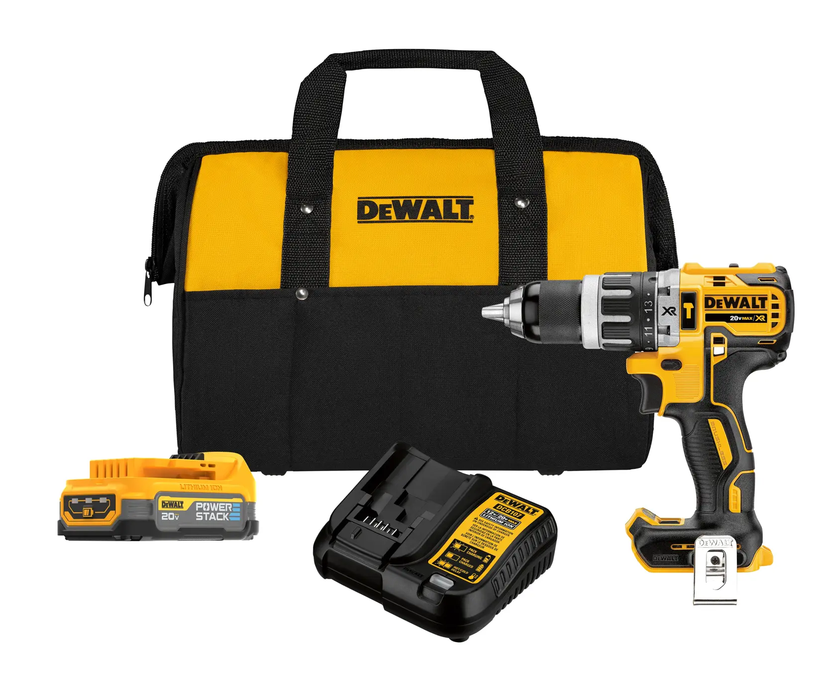 Kit de furadeira DEWALT com bolsa, bateria e carregador, nas cores amarela e preta.
