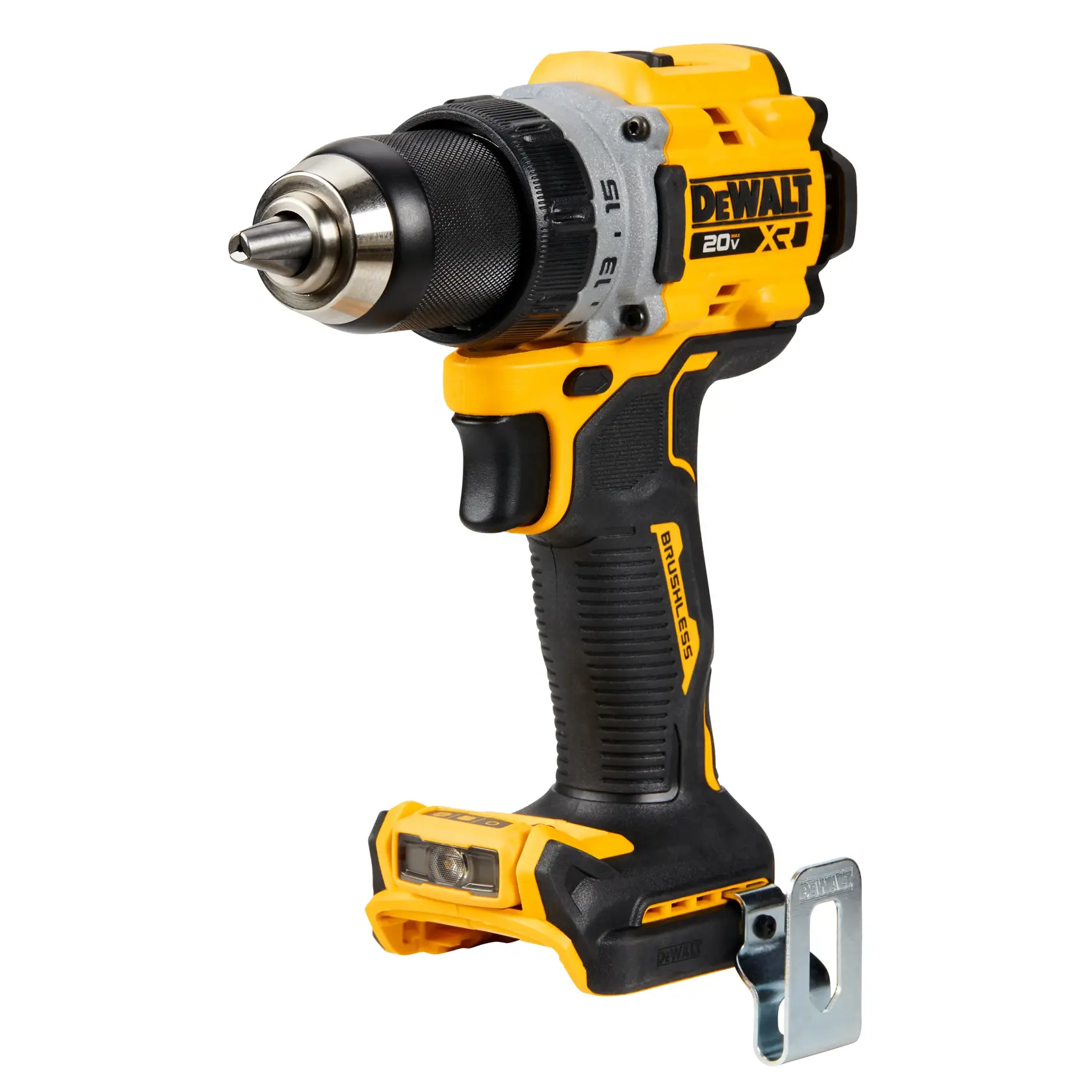 Uma furadeira sem fio DEWALT 20V amarela e preta com motor brushless, mostrada sem bateria e com clipe metálico para cinto.
