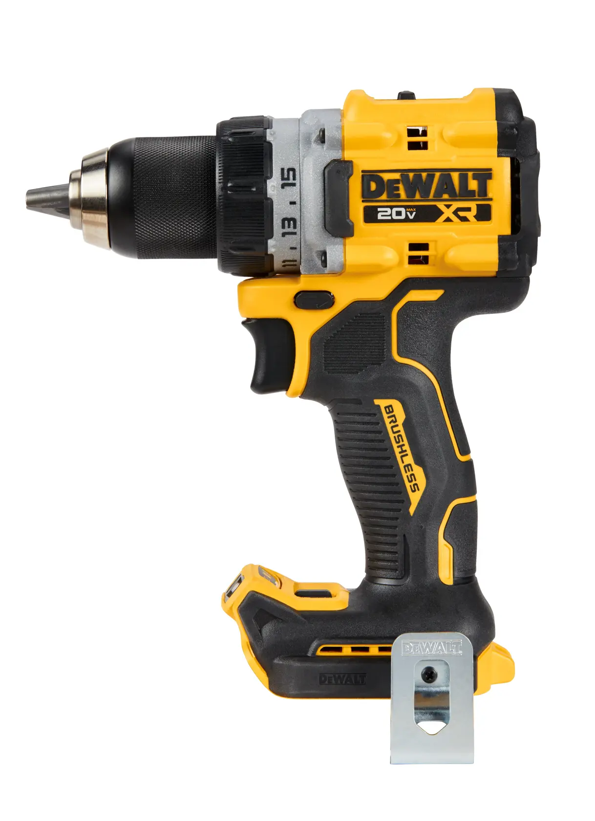 Uma furadeira sem fio DEWALT 20V XR brushless, com corpo preto e amarelo, cabo ergonômico e gancho de cinto de metal.