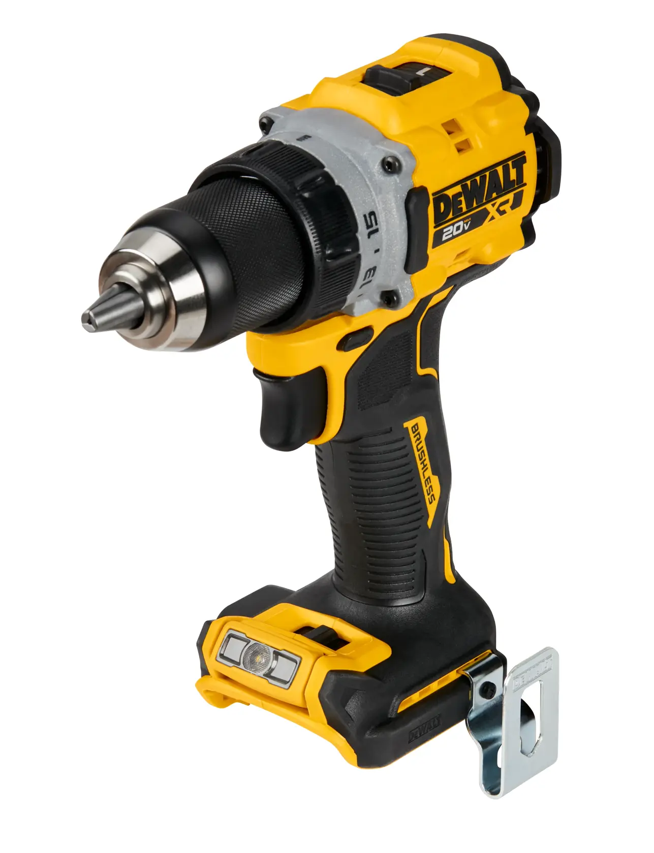 Uma furadeira sem fio DEWALT 20V com motor brushless, exibida em amarelo e preto com um clipe de metal preso à base.
