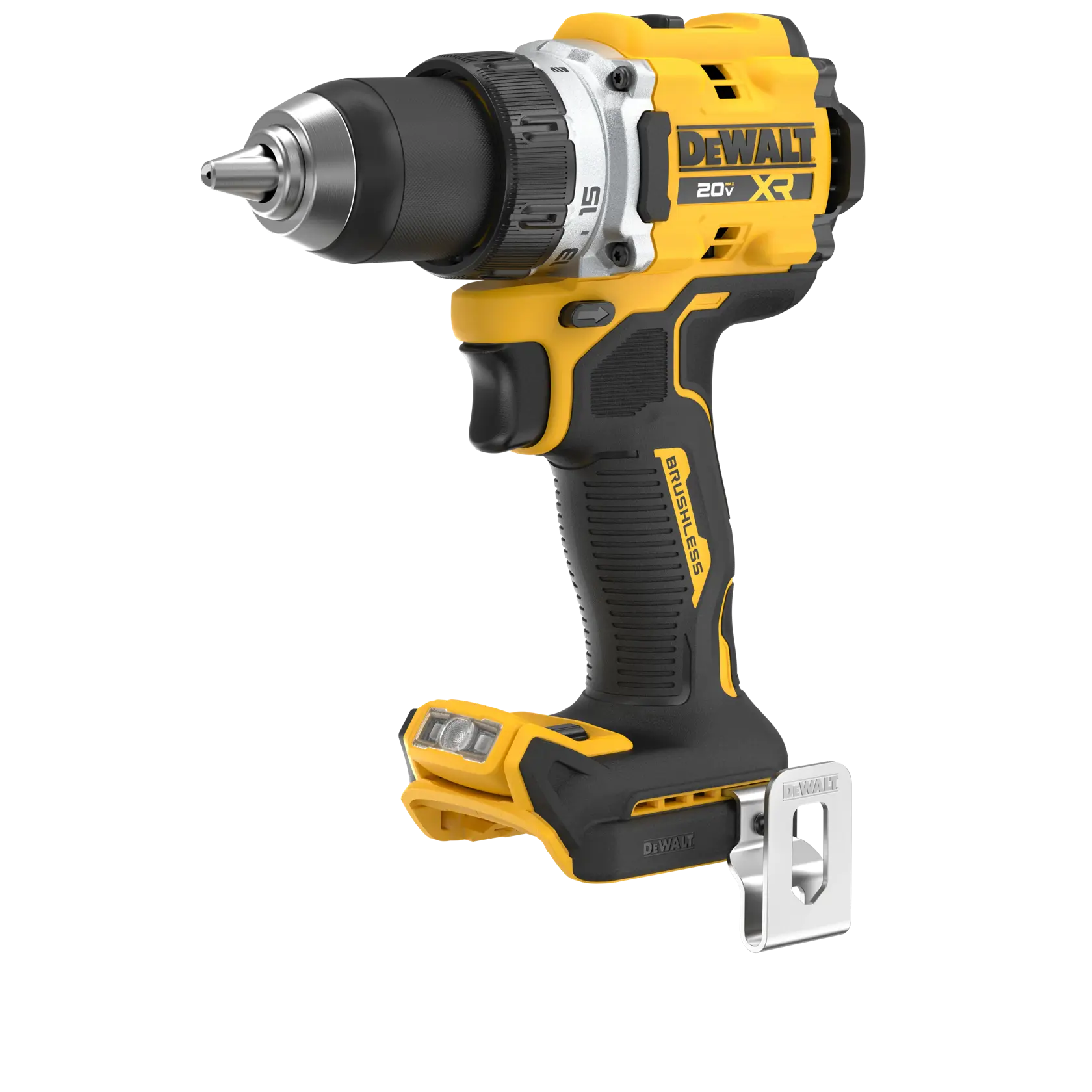 Uma furadeira sem fio com design amarelo e preto, apresentando a marca DEWALT e um clip de metal preso na base. A furadeira está mostrada em ângulo para destacar o cabo, o mandril e a luz LED frontal.