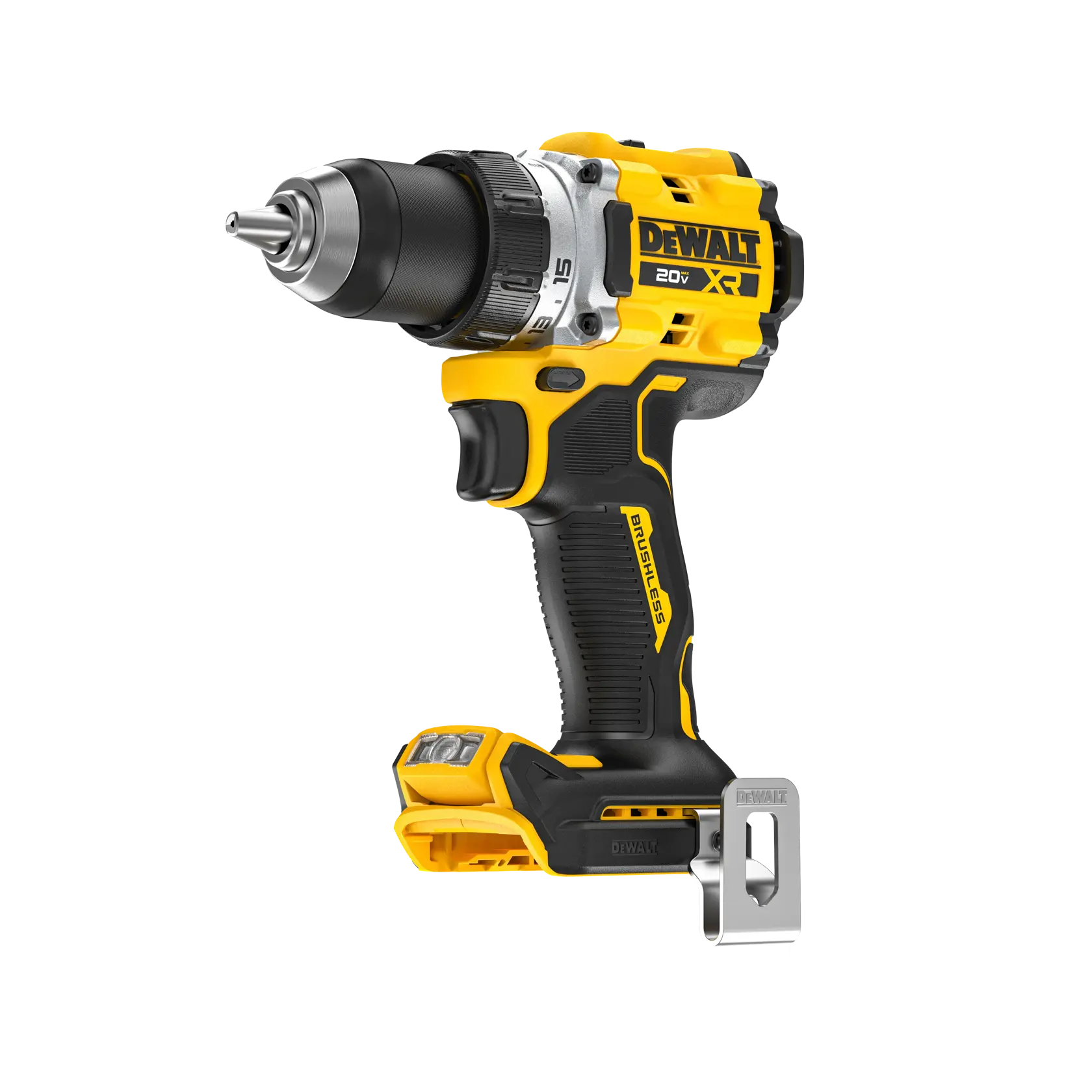 Furadeira DEWALT 20V MAX XR brushless apresentada com recursos destacados: mandril de catraca metálico de 1/2 polegada, cabo ergonômico, potência máxima/MWO 1050, luz de trabalho LED pivotante e indicador anti-rotação, e compatibilidade Tool Connect chip-ready (DCE042 vendido separadamente). Logotipos da marca e indicador de proteção de desempenho também estão visíveis.