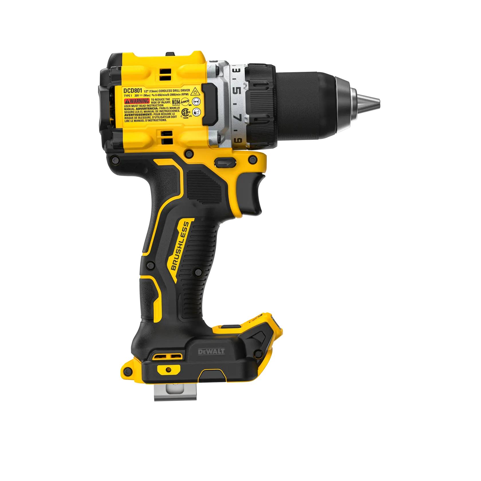 Uma mão com luva segura uma furadeira/parafusadeira DEWALT 20V MAX XR de 2 velocidades sem escovas, perfurando um furo em uma superfície de metal. A imagem destaca a potência e o uso industrial da ferramenta, com texto amarelo: 'NOSSA FURADEIRA/PARAFUSADEIRA 2 VELOCIDADES 20V MAX* MAIS POTENTE'.