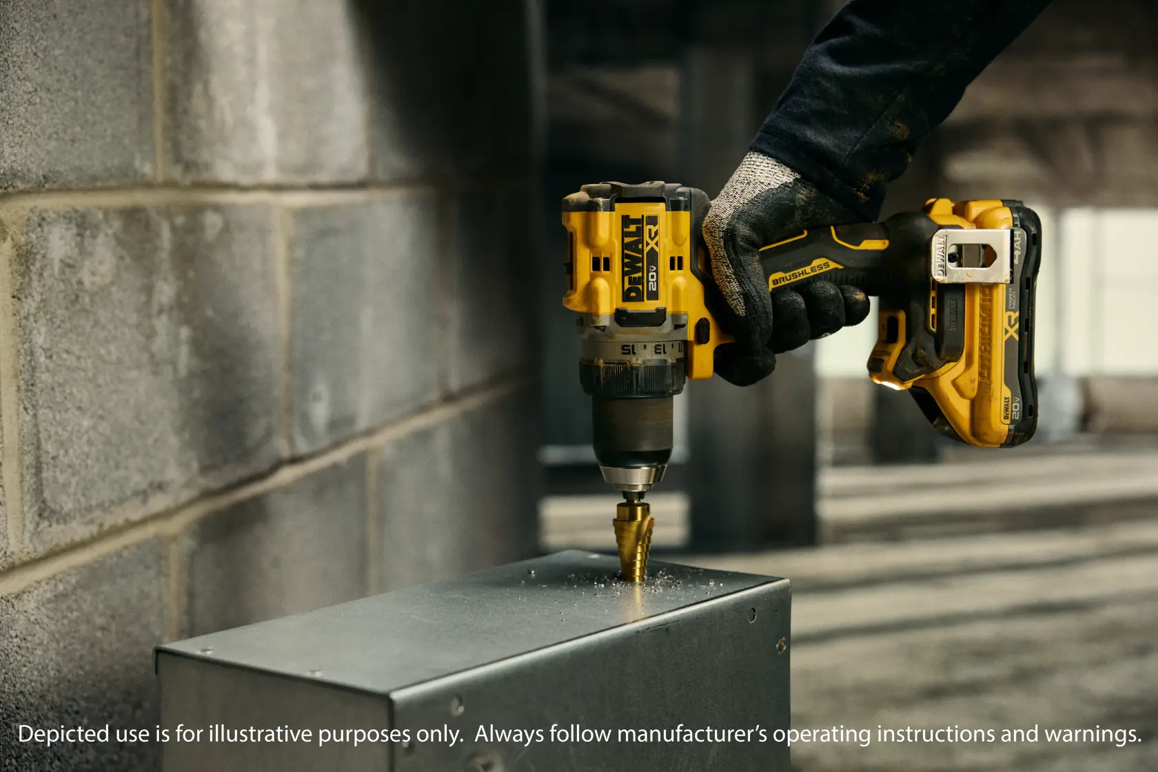 Close de uma mão com luva usando uma furadeira/parafusadeira DEWALT 20V MAX XR brushless de 2 velocidades para perfurar uma superfície de metal. O texto promocional destaca que é a furadeira/parafusadeira 2 velocidades 20V MAX mais potente da marca. Bateria vendida separadamente. O fundo mostra um ambiente industrial.