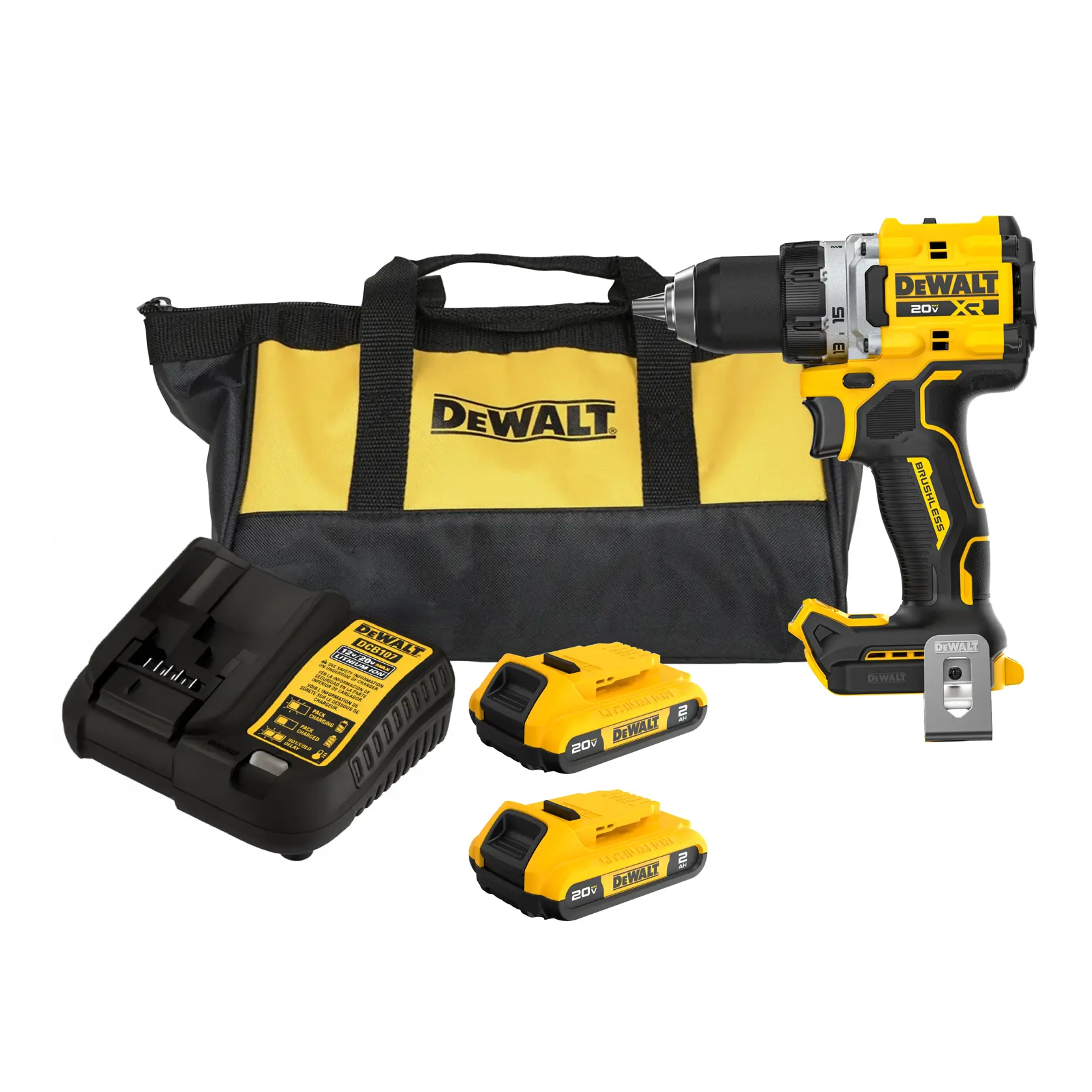 Um kit de furadeira sem fio DEWALT, incluindo uma bolsa de transporte amarela e preta, uma furadeira sem fio, um carregador de bateria e duas baterias recarregáveis, todos com o logotipo da DEWALT.