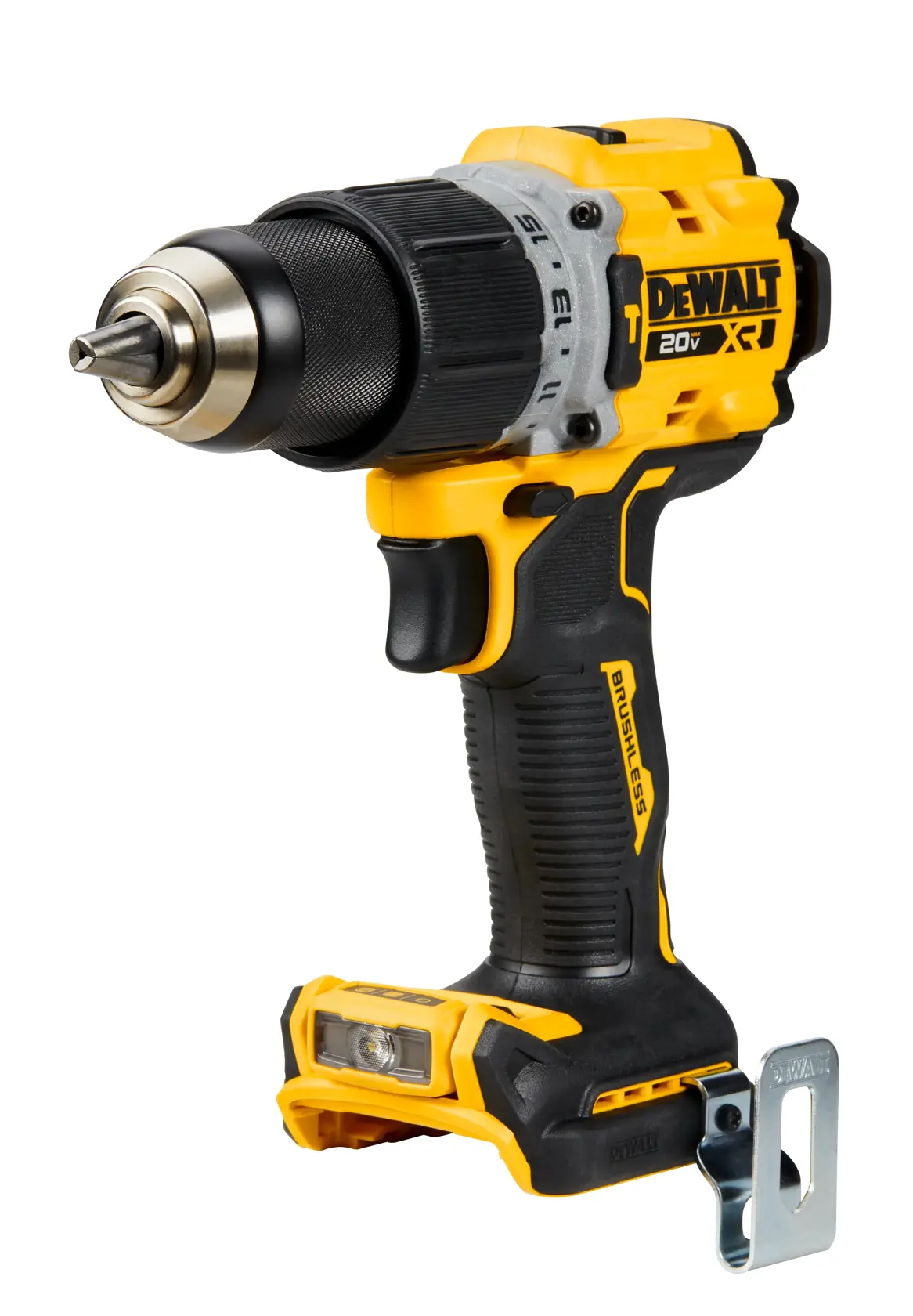 Furadeira sem fio DEWALT 20V brushless com design amarelo e preto, apresenta mandril metálico, cabo ergonômico e clipe para cinto.