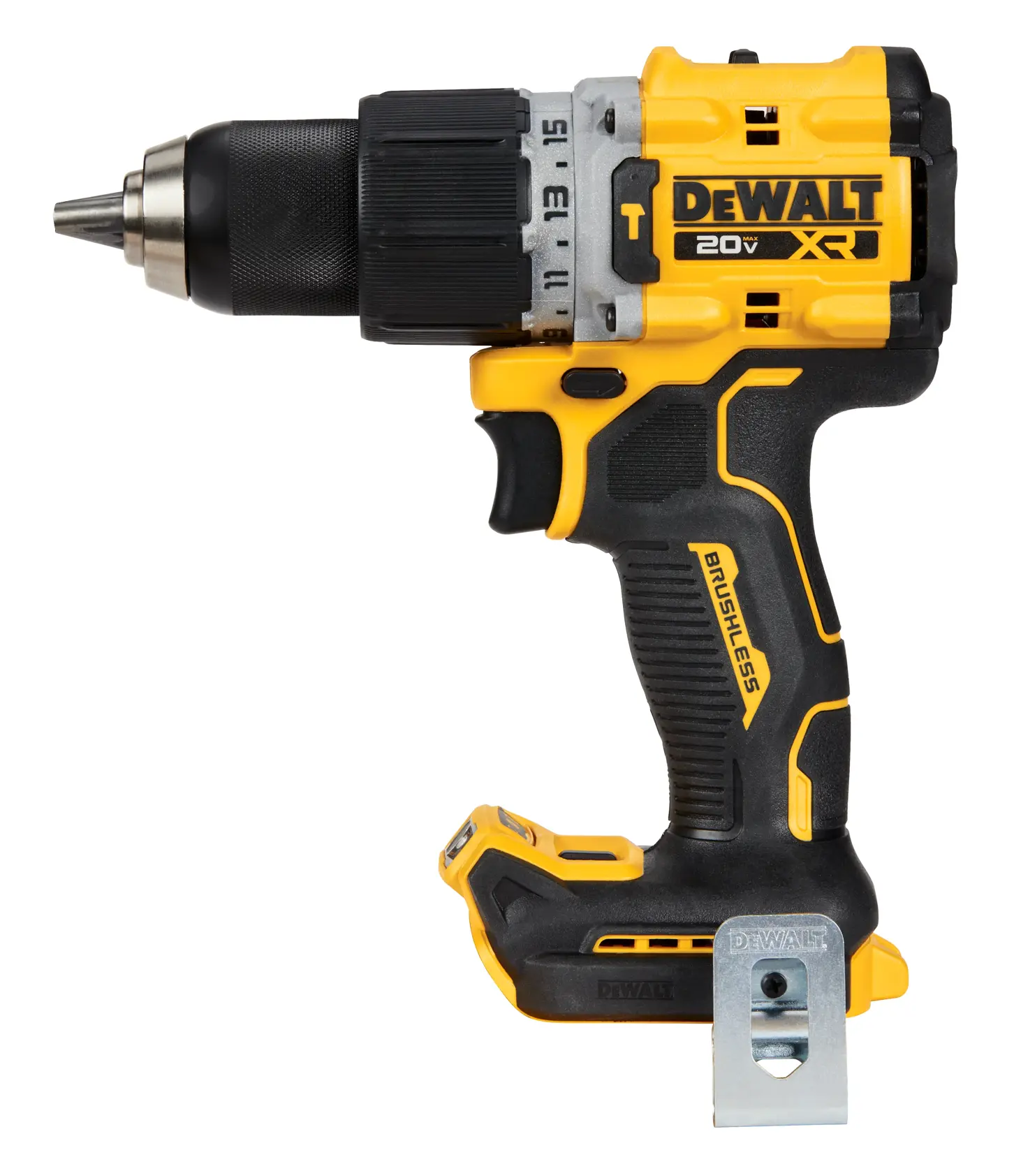 Furadeira sem fio DEWALT 20V XR brushless, sem bateria, mostrada de perfil lateral. A furadeira é amarela e preta, com um clipe de metal para cinto na base.