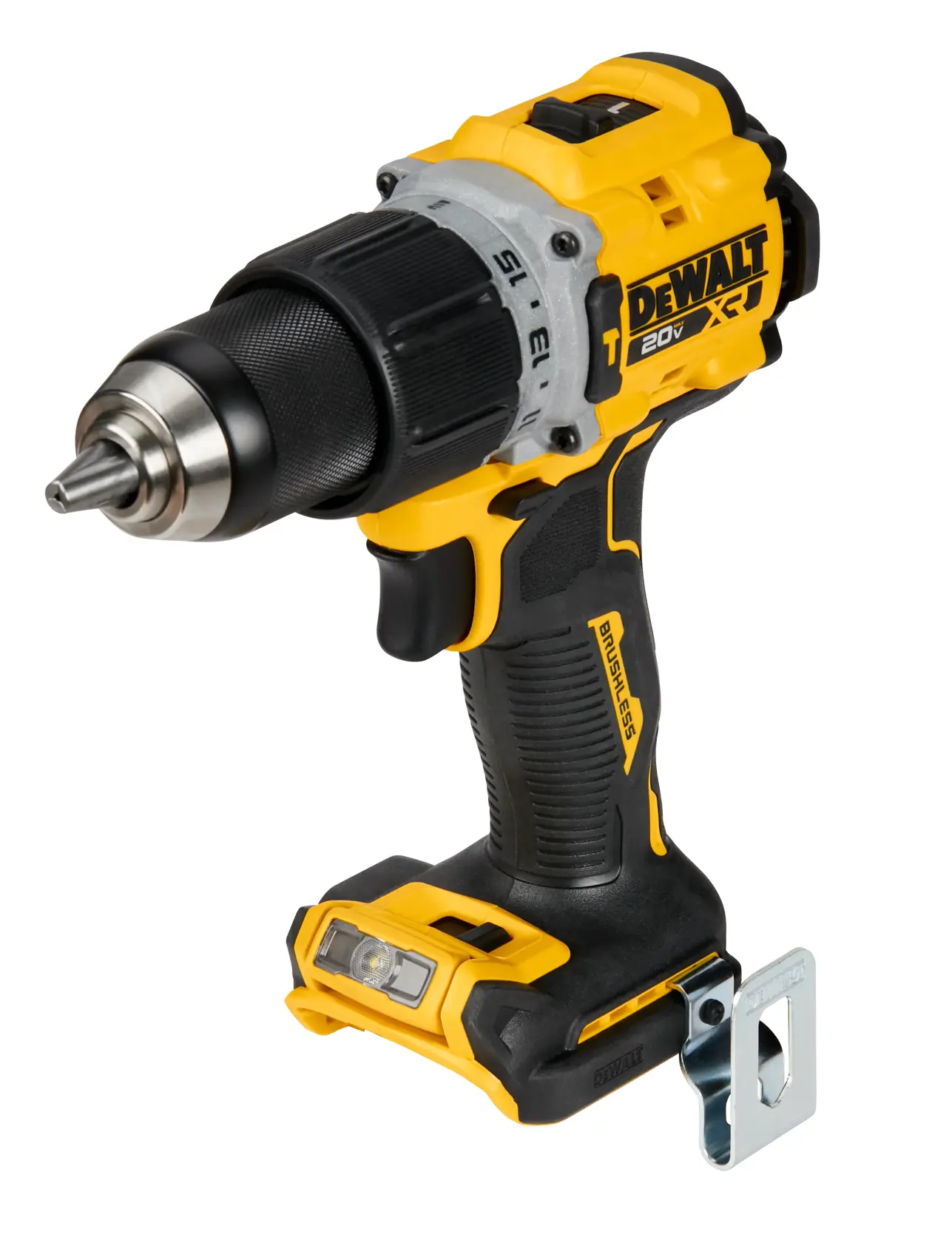 Furadeira sem fio DEWALT 20V XR brushless, nas cores amarela e preta, com clipe de metal para cinto e luz LED na base.