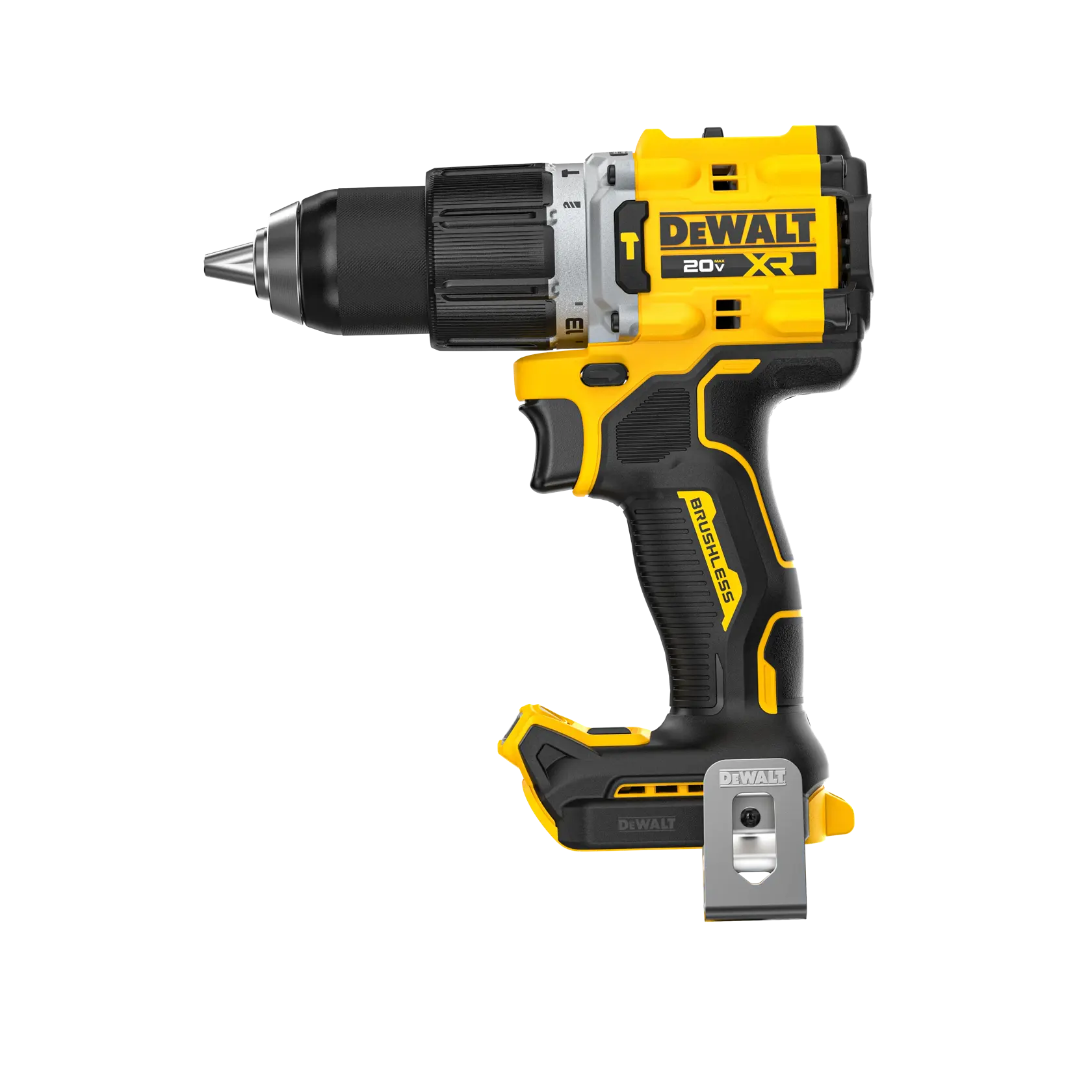 Parafusadeira/furadeira sem fio DEWALT 20V XR brushless, com corpo preto e amarelo, cabo ergonômico e presilha para cinto, vista pelo lado frontal esquerdo.