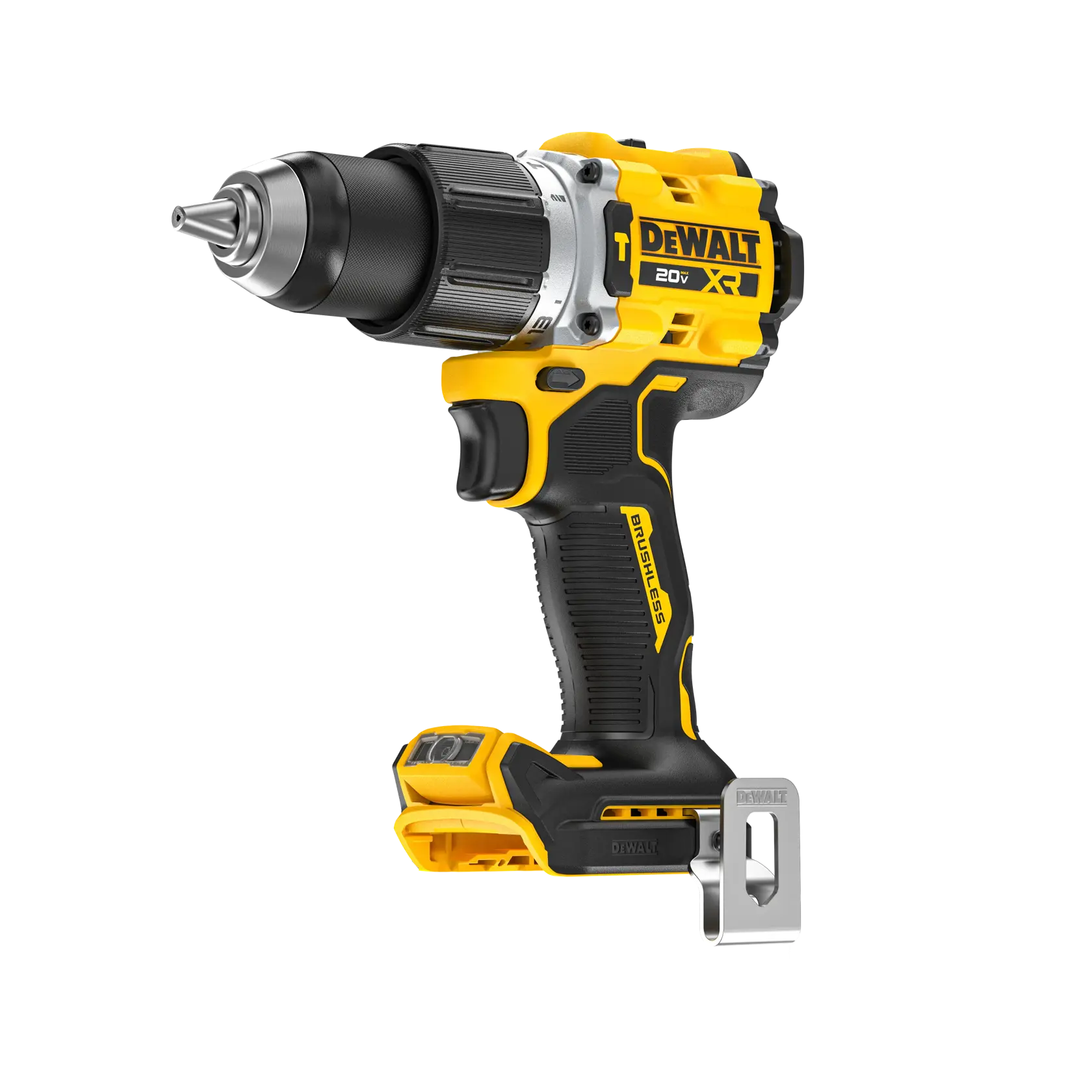 Uma furadeira sem fio DEWALT 20V XR com design preto e amarelo, mostrada de lado. A ferramenta possui tecnologia de motor sem escova e um clipe para cinto.
