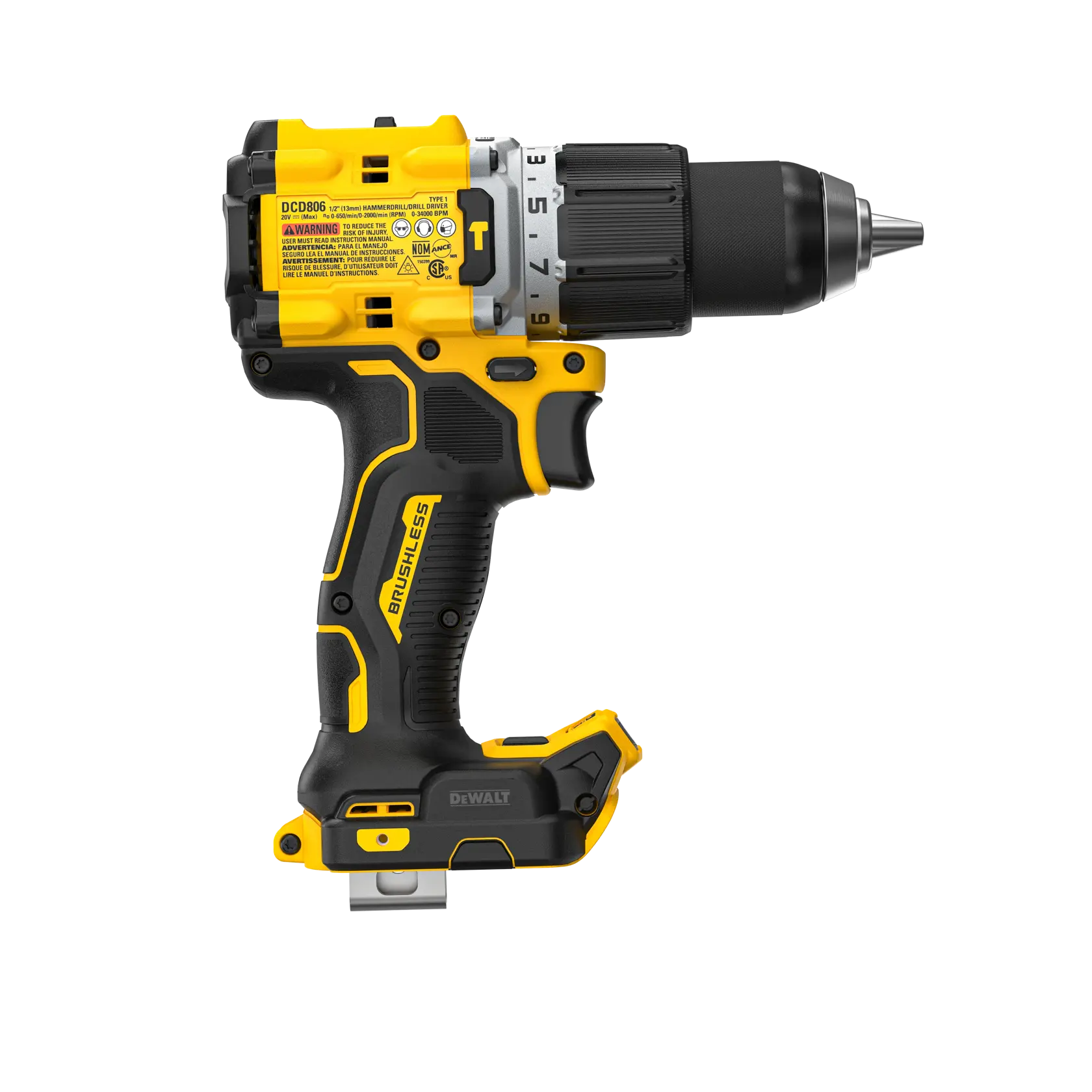 Uma furadeira sem fio DEWALT 20V XR com design amarelo e preto e motor sem escovas. A furadeira possui um clipe de metal para cinto e uma empunhadura texturizada.