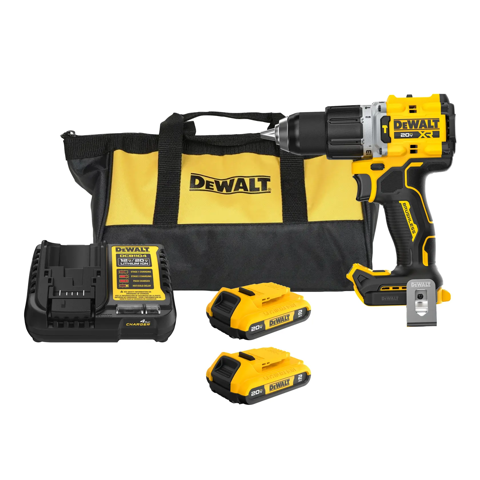 Kit de furadeira sem fio DEWALT 20V incluindo uma furadeira, dois pacotes de bateria, um carregador e uma bolsa de transporte preta e amarela com a marca DEWALT.