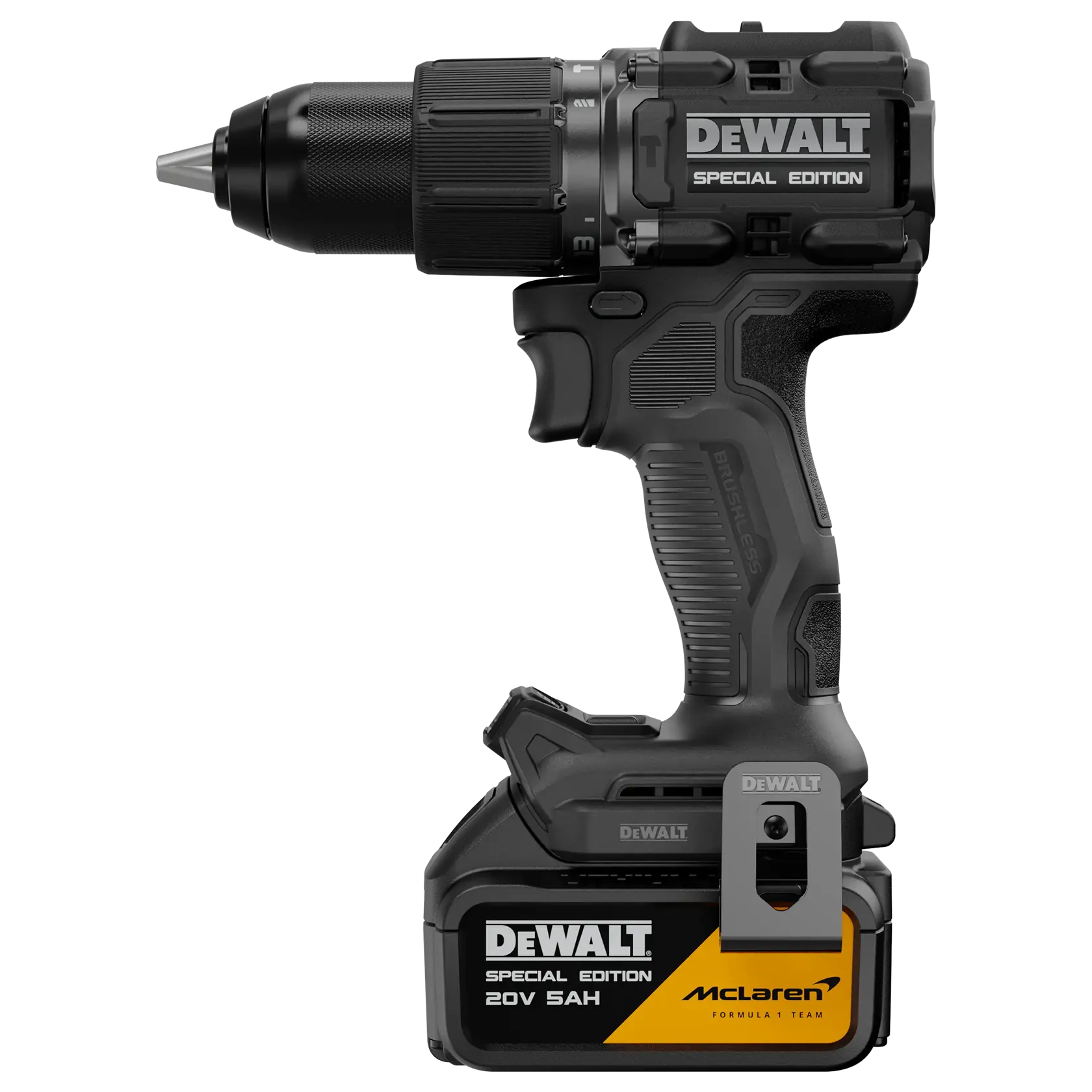 Uma furadeira sem fio edição especial DEWALT com design preto e amarelo, exibindo a marca da equipe McLaren Formula na