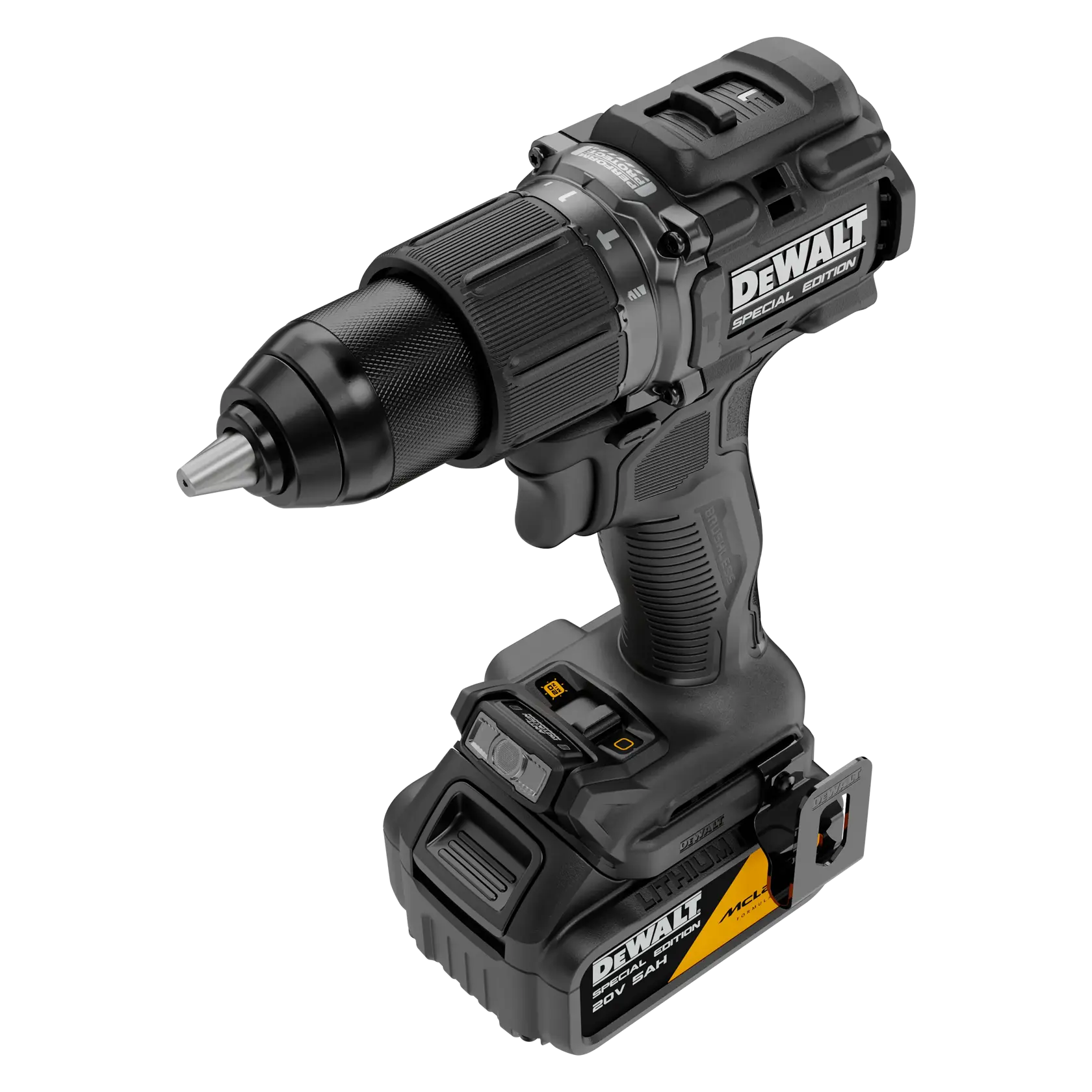 Uma furadeira sem fio DEWALT edição especial com bateria de íon de lítio 20V, com design preto e cinza e pega ergonômica.