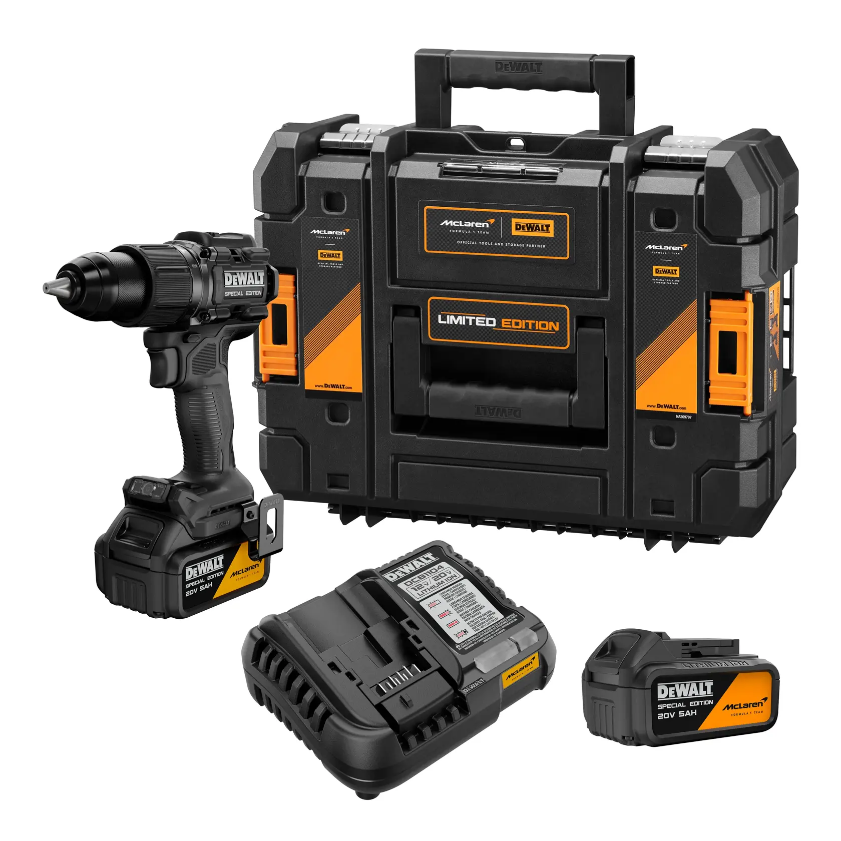 Um kit de furadeira sem fio edição limitada DEWALT, que inclui uma furadeira preta e laranja, duas baterias de 20V, um