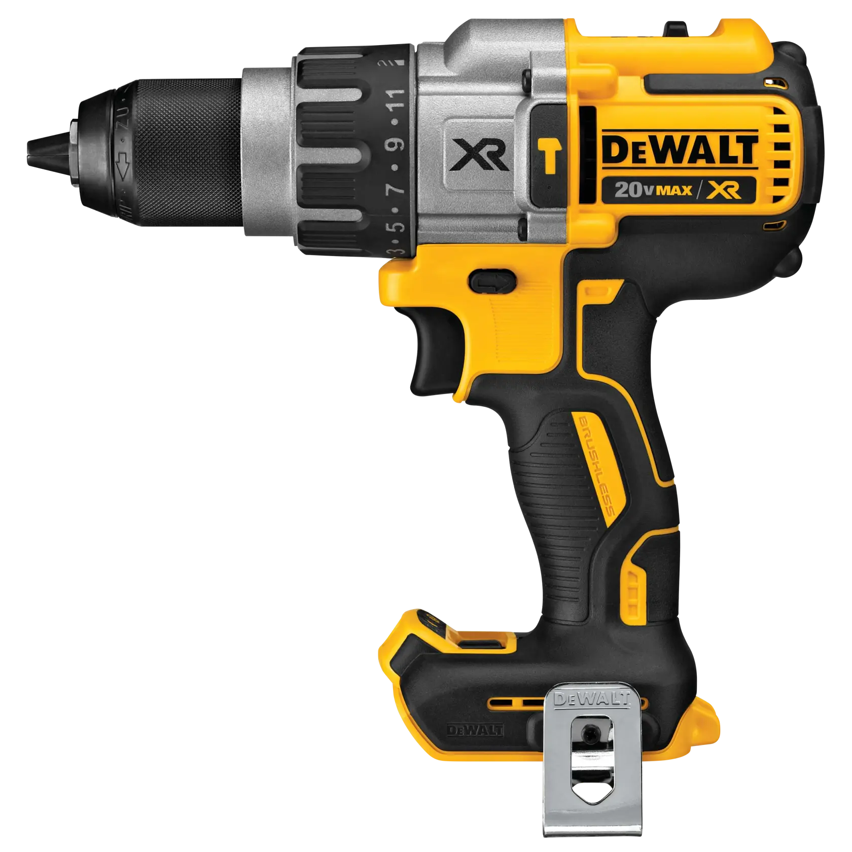 Imagem de close de uma furadeira sem fio DEWALT 20V MAX XR, destacando o corpo preto e amarelo, cabo ergonômico e presilha de metal.