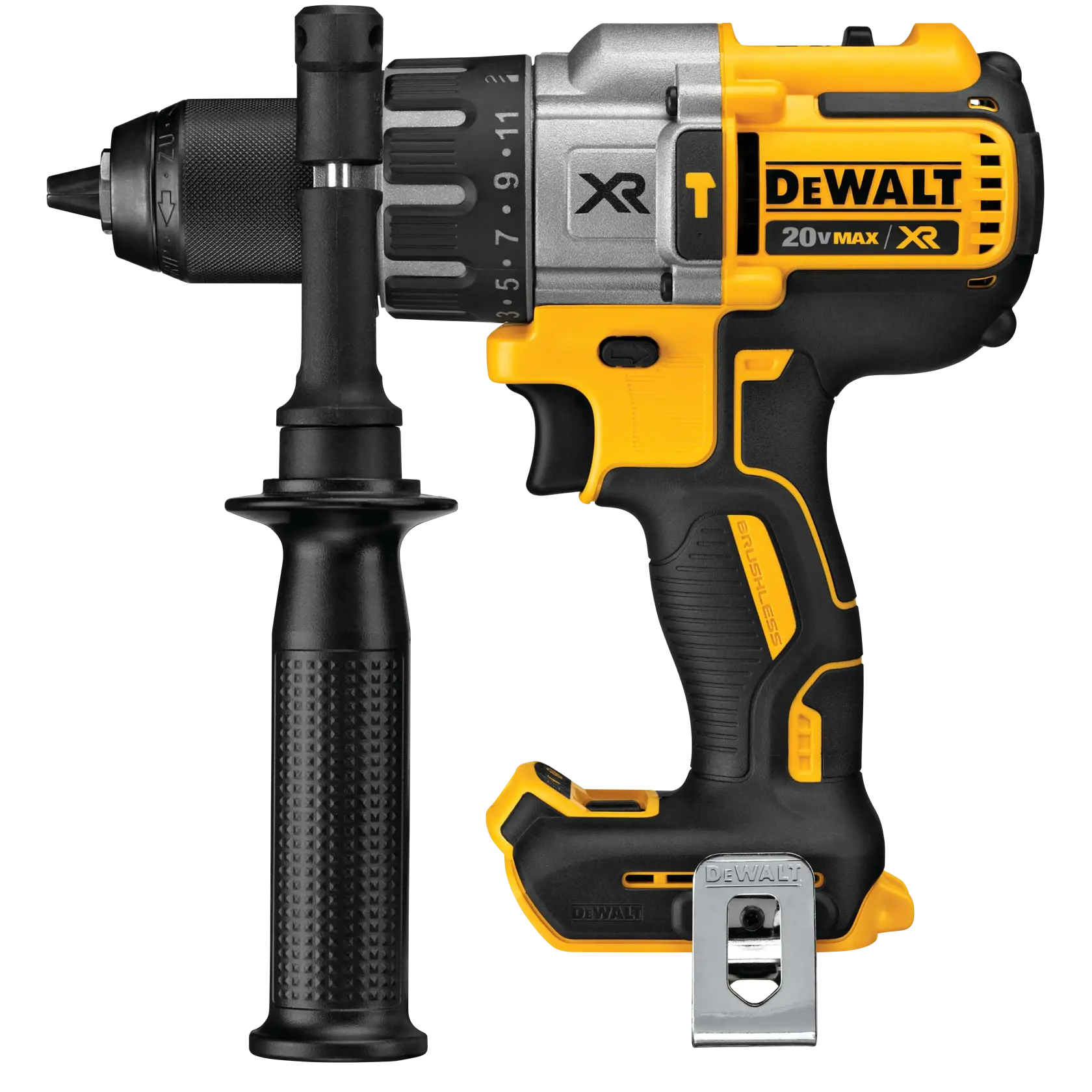 Furadeira sem fio DEWALT 20V Max XR com cabo lateral e motor brushless, exibida sobre fundo branco.