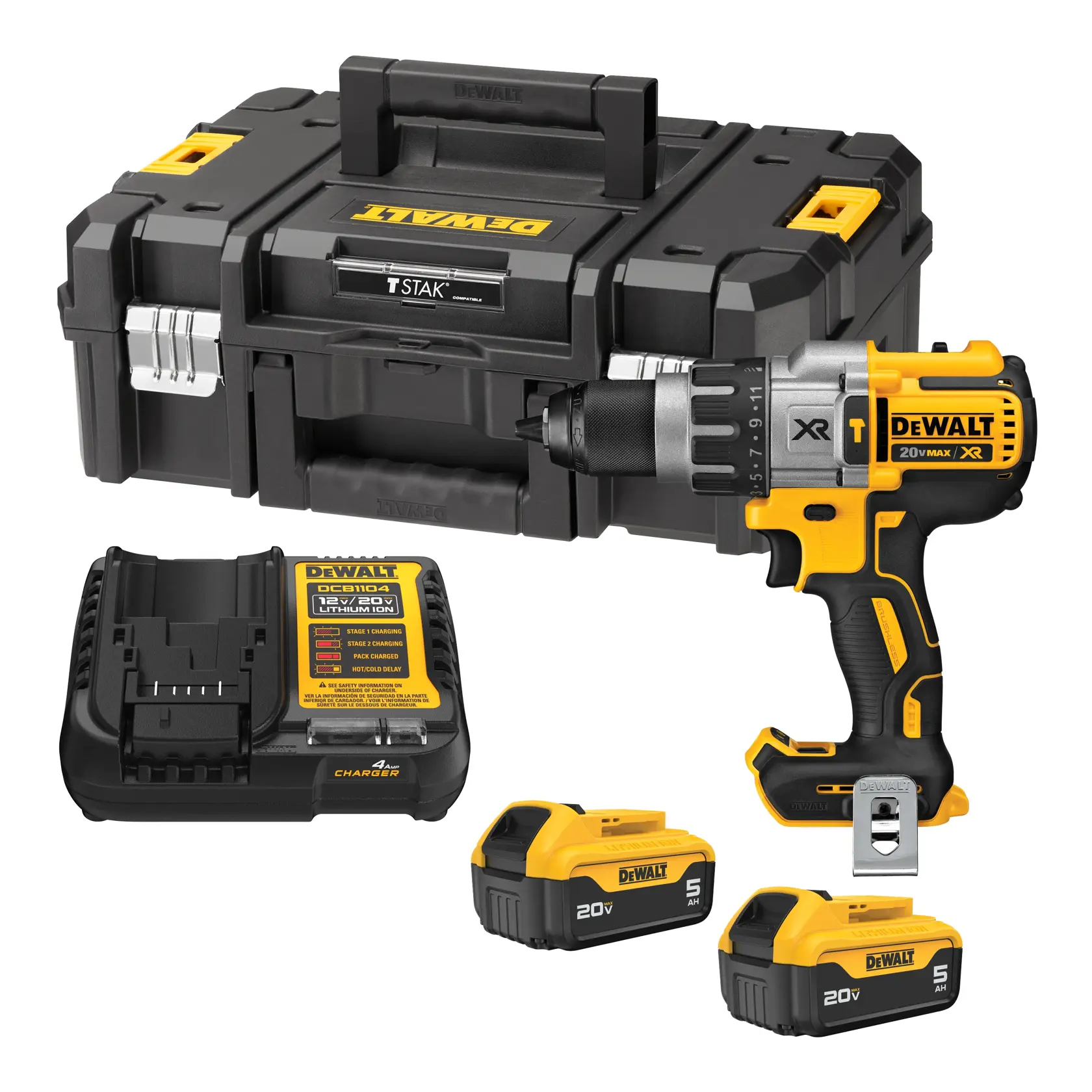 Um kit de furadeira sem fio DEWALT está exibido, incluindo uma furadeira preta e amarela, duas baterias de íon de lítio de 20V, um carregador de baterias e uma maleta de transporte de plástico rígido.