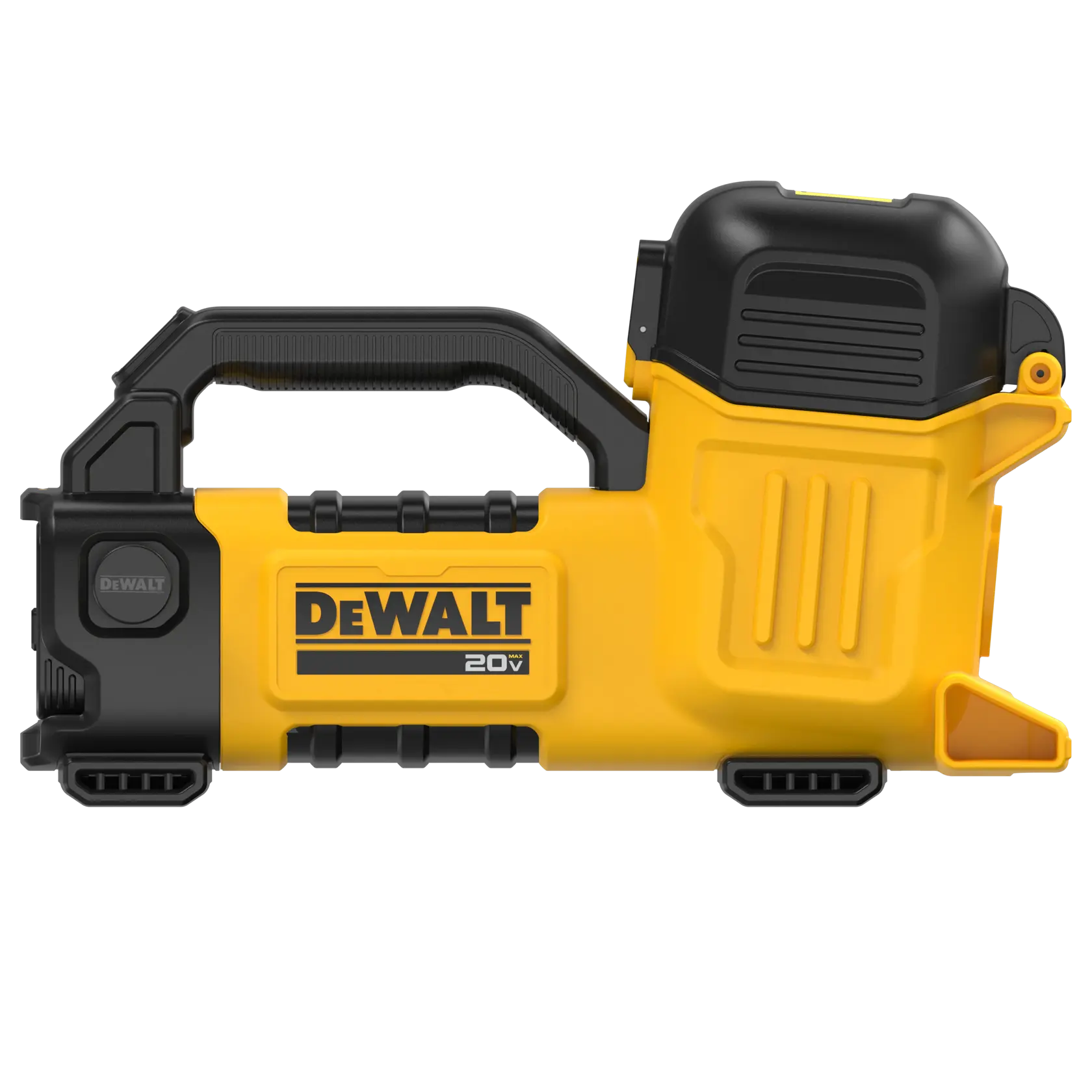 Uma bomba portátil de transferência de água DEWALT está conectada a mangueiras em um ambiente de oficina. O texto na imagem destaca a capacidade da bomba de transferir até 10 galões por minuto usando água da torneira e observa que a bateria é vendida separadamente.