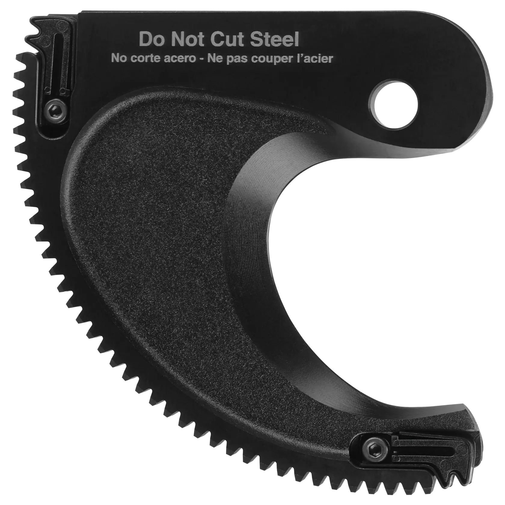 Imagem próxima de um acessório de corte preto da DEWALT, semelhante a uma engrenagem, com texto gravado que diz 'Do Not Cut Steel' em inglês, espanhol e francês. O item apresenta uma borda dentada e um recorte circular.