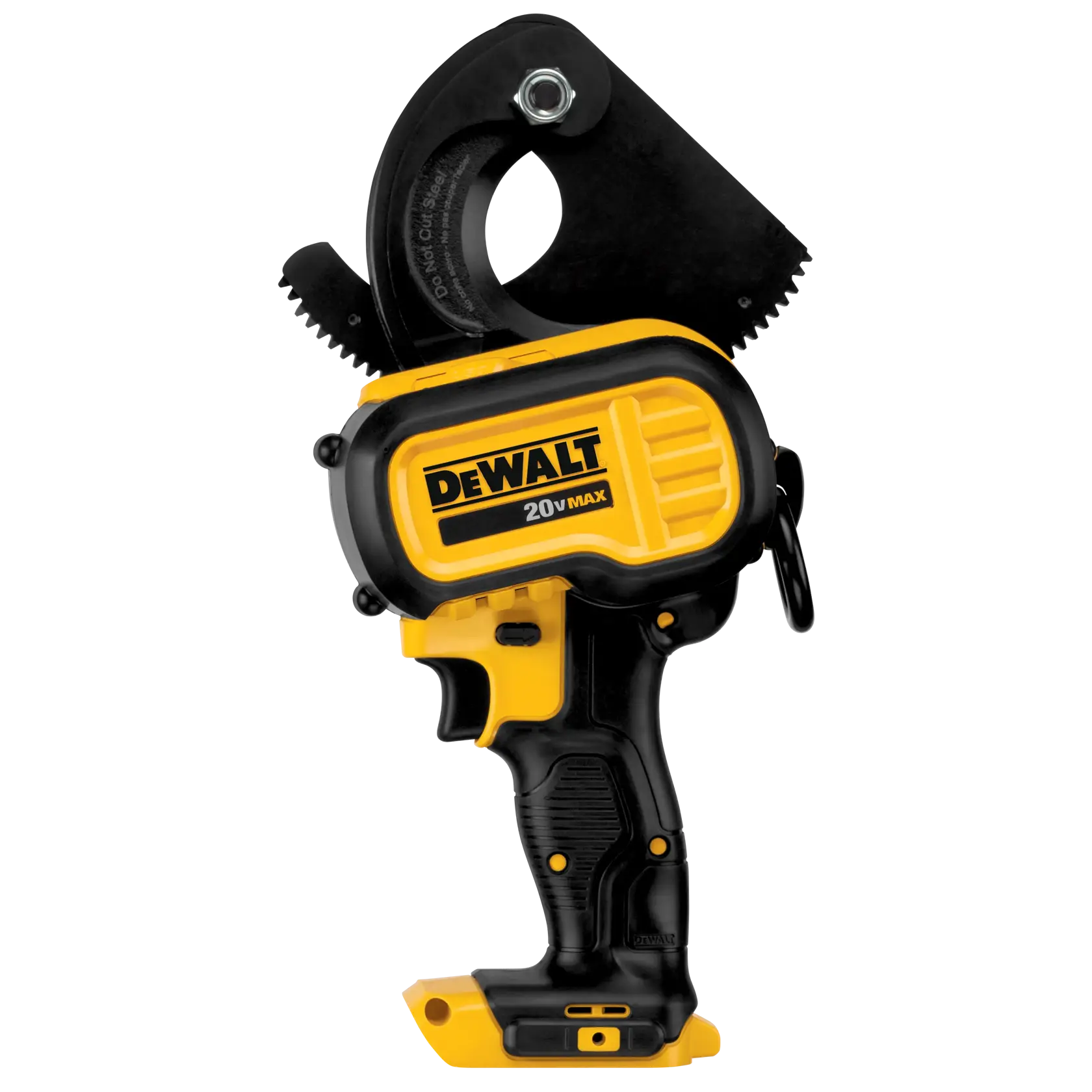Uma ferramenta cortadora de cabos sem fio DEWALT 20V MAX com corpo preto e amarelo, projetada para cortar cabos grossos. A lâmina de corte é circular com bordas serrilhadas, e o cabo é ergonômico para operação sem fio.