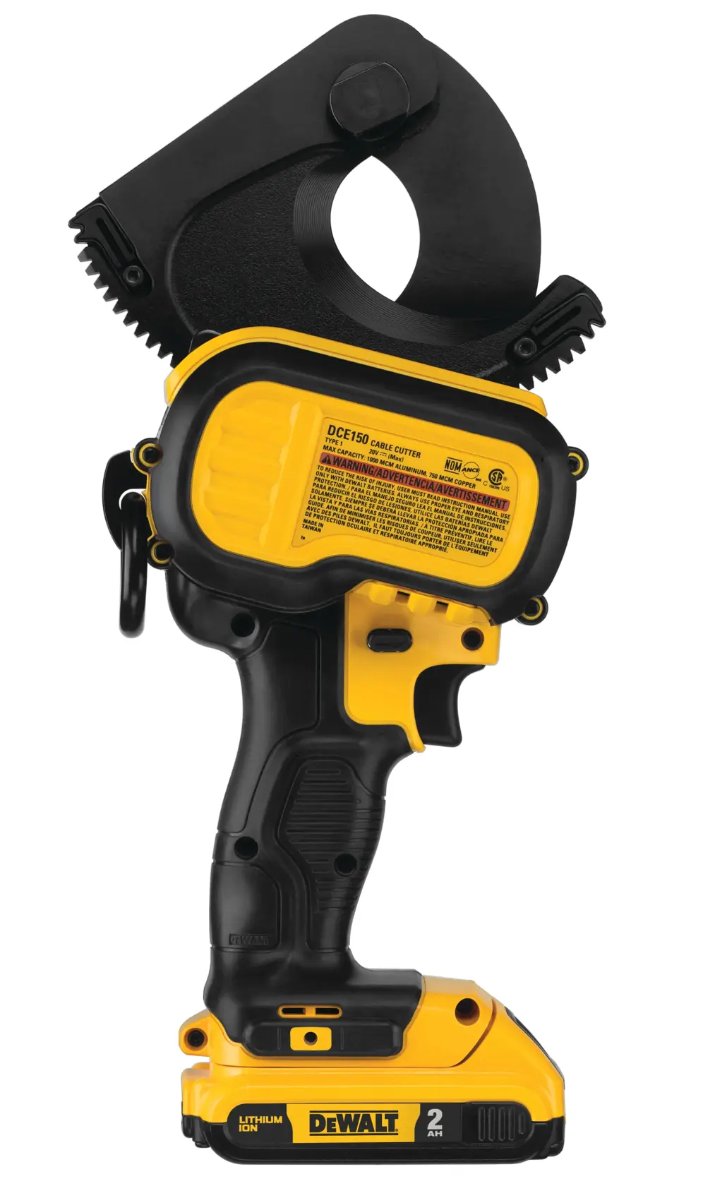 Uma ferramenta cortadora de cabos sem fio DEWALT DCE150D1 com design amarelo e preto, bateria de íon de lítio na base e uma cabeça de corte grande para cortes de cabos industriais.