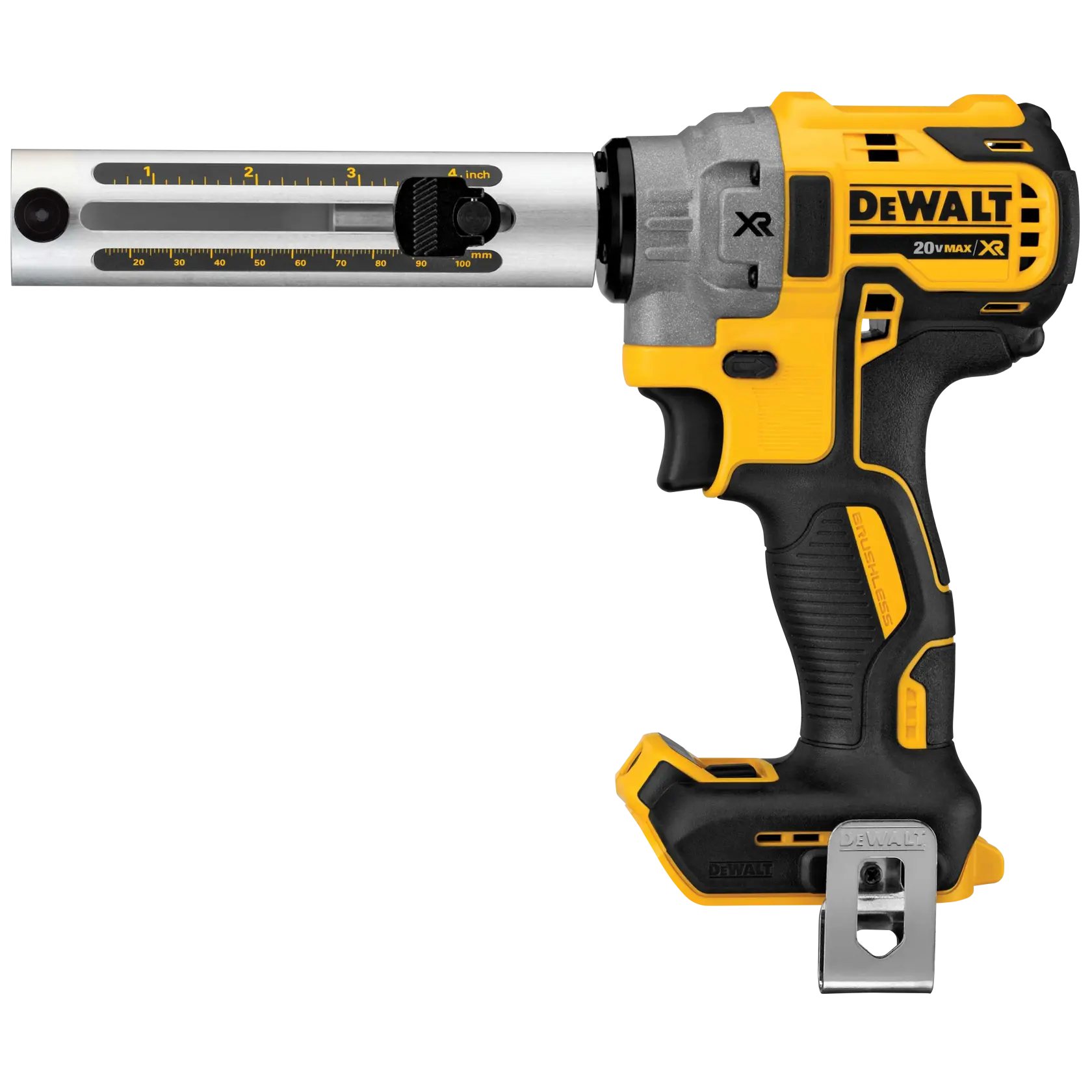 Uma grampeadora sem fio de cabos DEWALT 20V MAX XR com guia de medição na parte frontal, com cabo ergonômico amarelo e preto e clipe de metal para cinto.