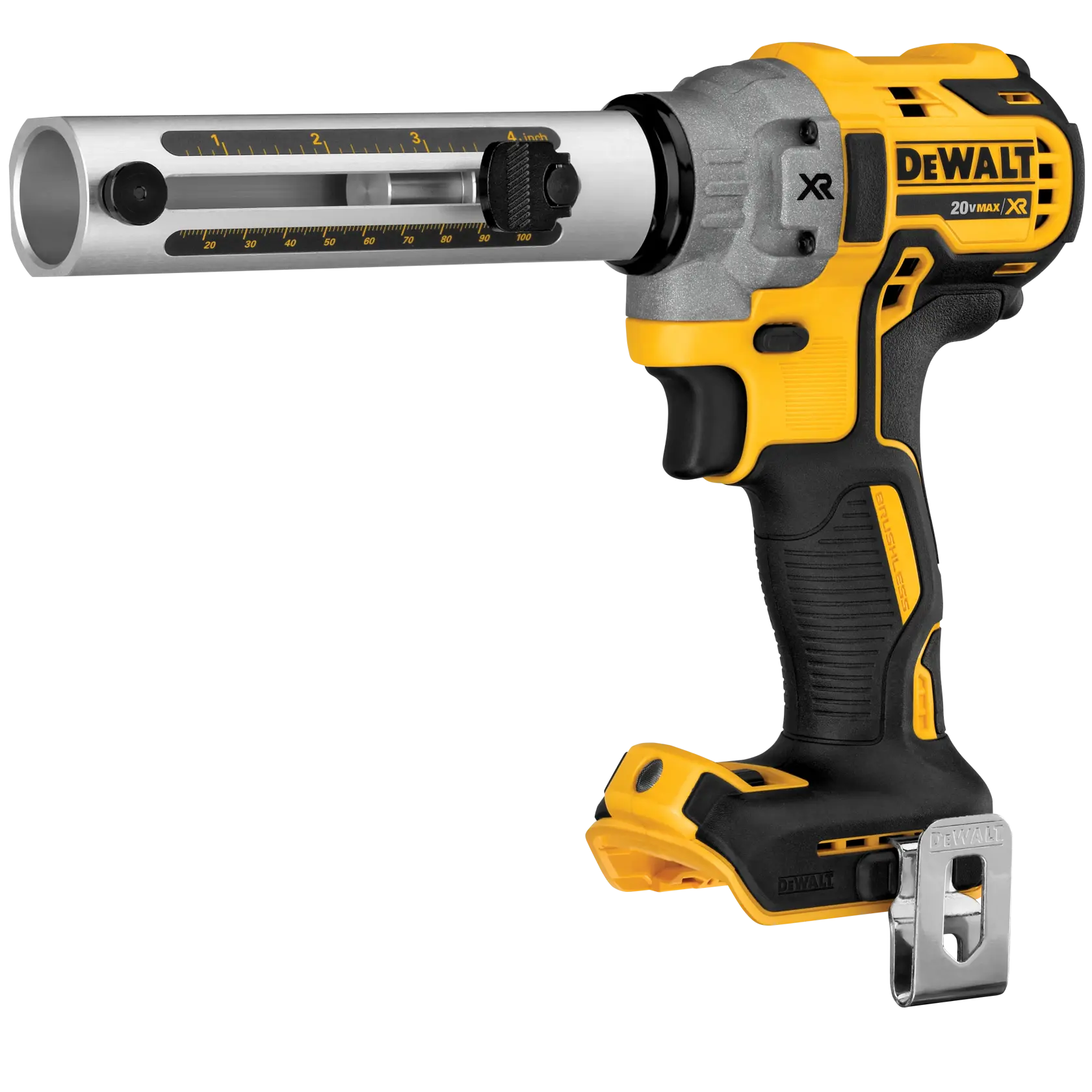 Uma ferramenta desencapadora de cabos sem fio DEWALT com cabo amarelo e preto, contendo um tubo metálico com marcações de medidas e botões de ajuste.
