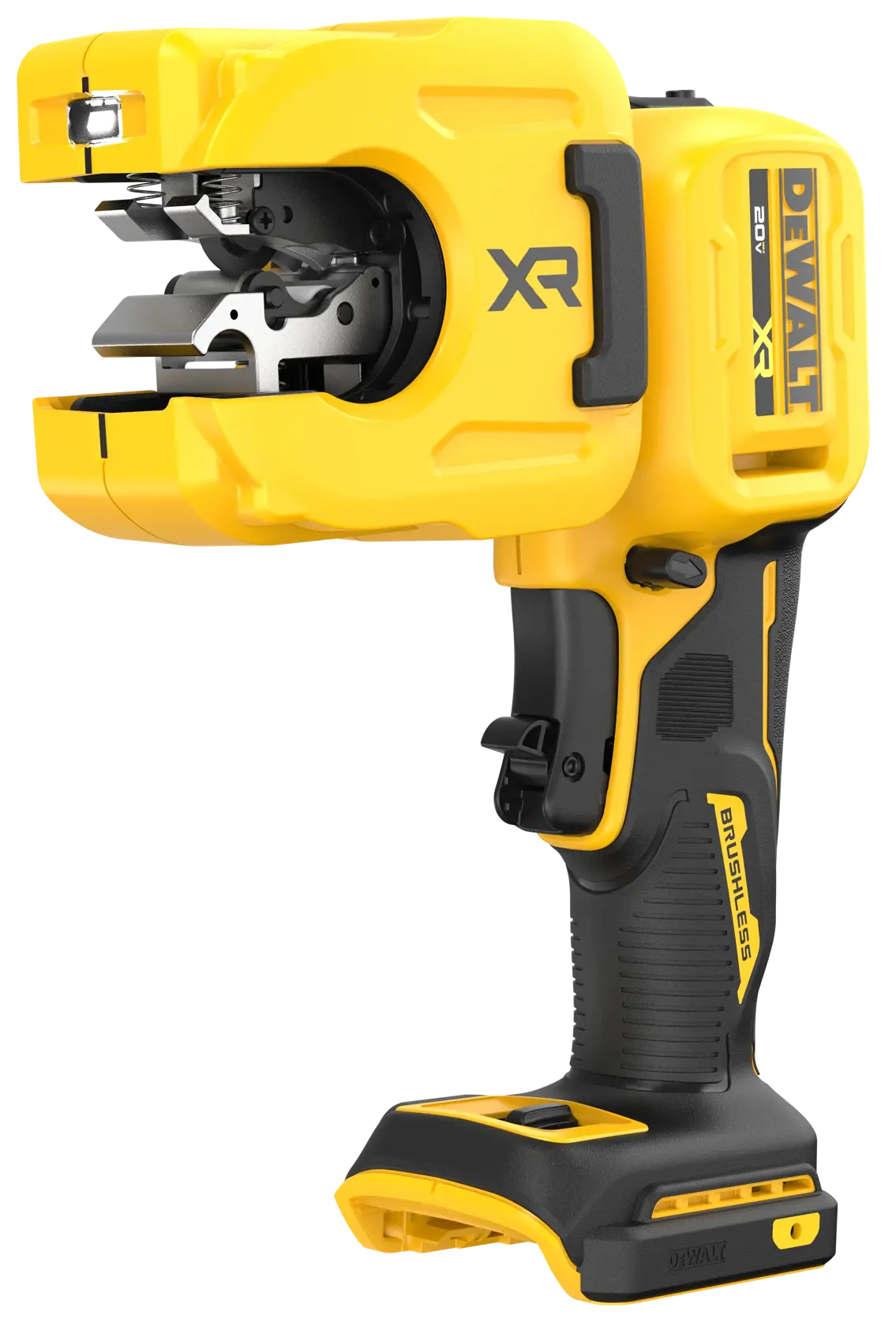 Uma ferramenta cortadora de cabos DEWALT 20V XR sem escova, mostrada em cores amarelo e preto, com design de empunhadura tipo pistola. O dispositivo tem uma cabeça de corte grande e é destinado ao corte de cabos grossos.