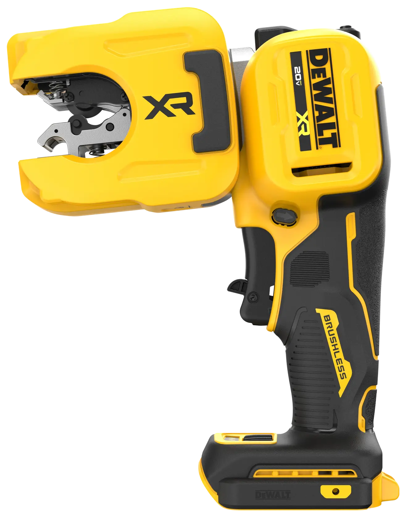 Uma ferramenta cortadora de cabos sem fio DEWALT 20V XR com motor brushless, mostrada em esquema de cores amarelo e preto, com cabo ergonômico e mandíbula projetada para cortar cabos.