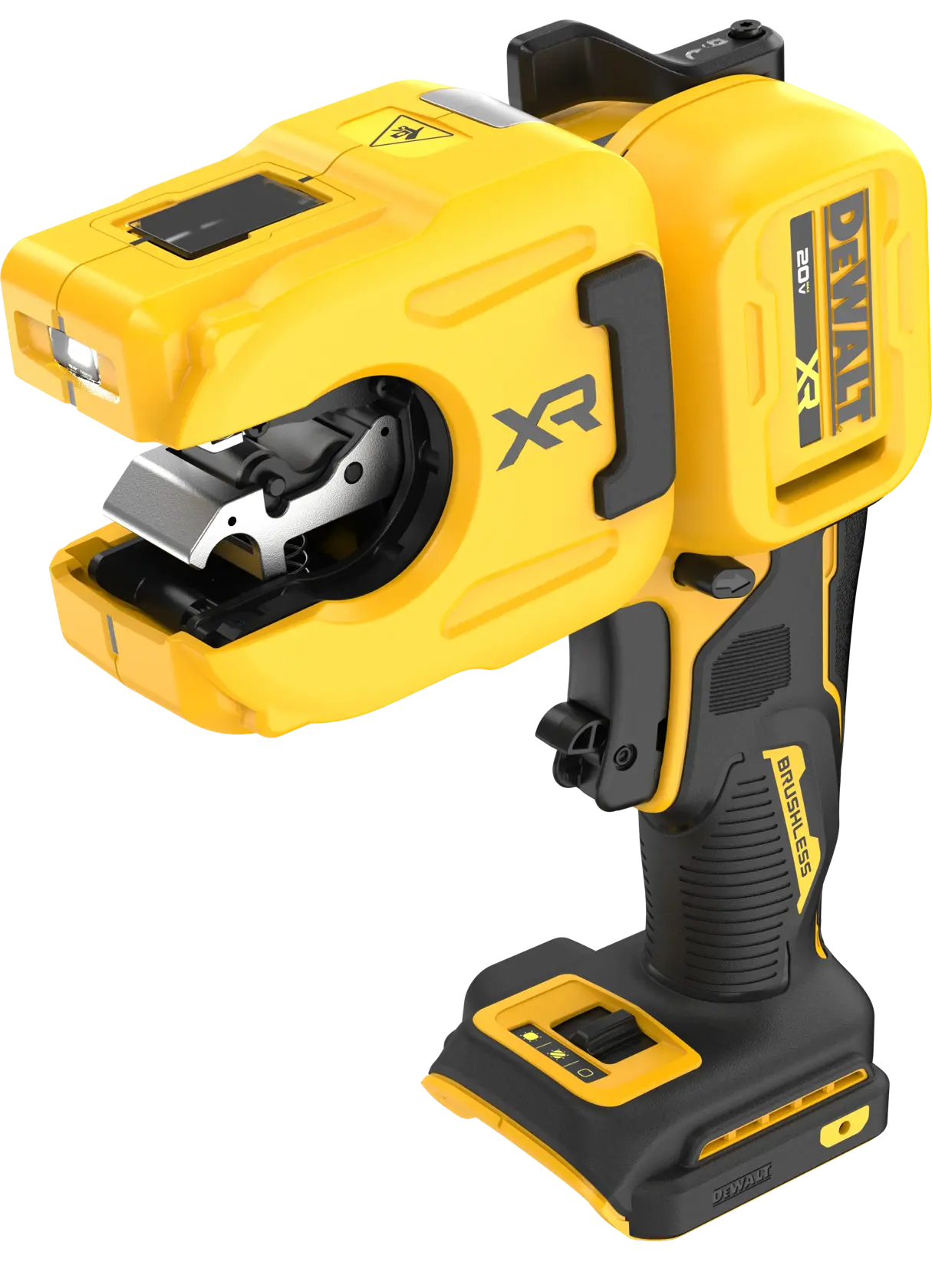 Cortador de cabos sem fio da marca DEWALT em amarelo e preto, projetado para cortar cabos grossos. A ferramenta possui motor sem escova, cabo ergonômico e lâminas de corte visíveis na parte frontal. O logotipo DEWALT e a marca XR estão visíveis na lateral.