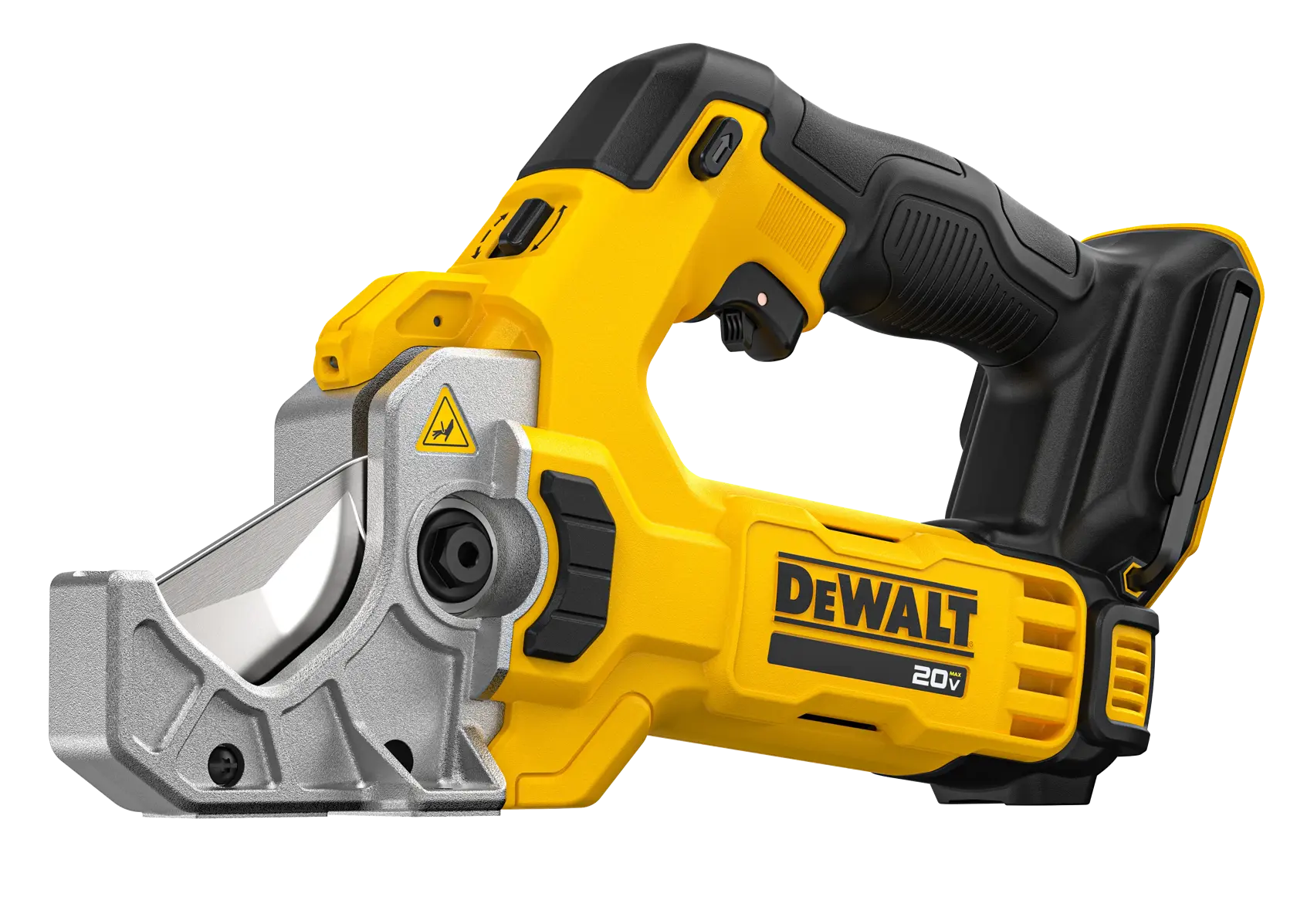Close de uma ferramenta elétrica DEWALT cortando um tubo de PVC branco, com texto abaixo dizendo 'Até 400 cortes por carga.' Informação adicional menciona desempenho ao cortar tubos de PVC Schedule 40 de 2 polegadas usando a bateria DCB203, vendida separadamente.