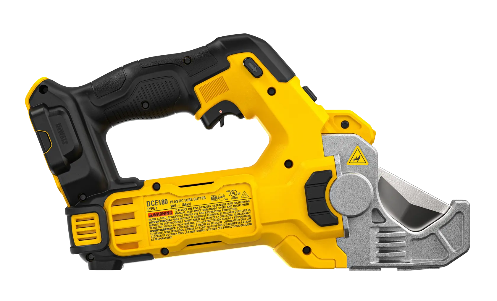 Uma ferramenta cortadora de tubos de PVC sem fio DEWALT 20V MAX está sendo mostrada cortando um tubo de PVC branco em um ambiente de construção. A ferramenta é segurada por uma pessoa usando luvas da marca DEWALT. O texto na imagem destaca que o cortador pode cortar até três vezes mais rápido e observa que a bateria é vendida separadamente.