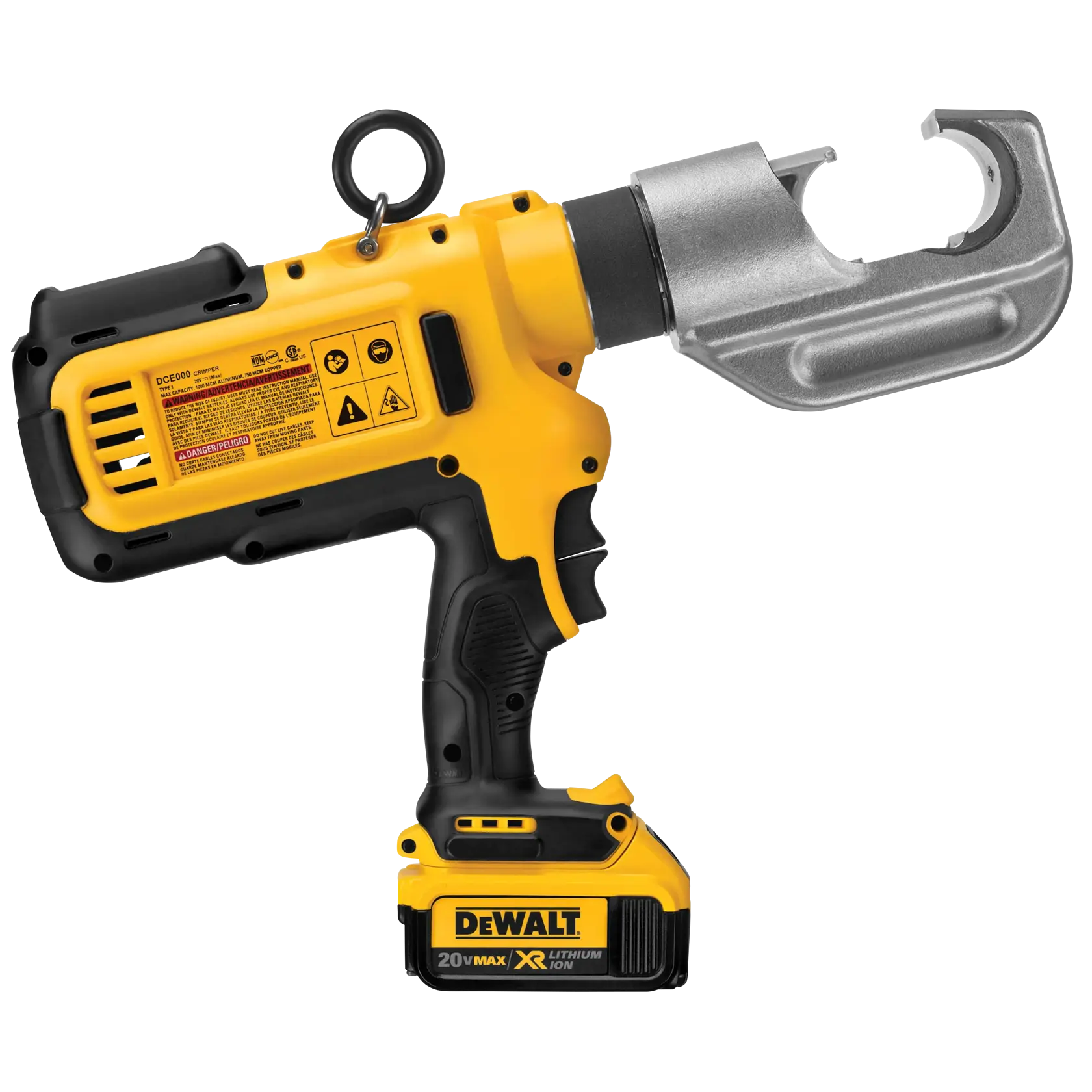 Ferramenta de crimpagem sem fio DEWALT amarela e preta, alimentada por bateria, com cabeça metálica, usada para comprimir conectores elétricos.