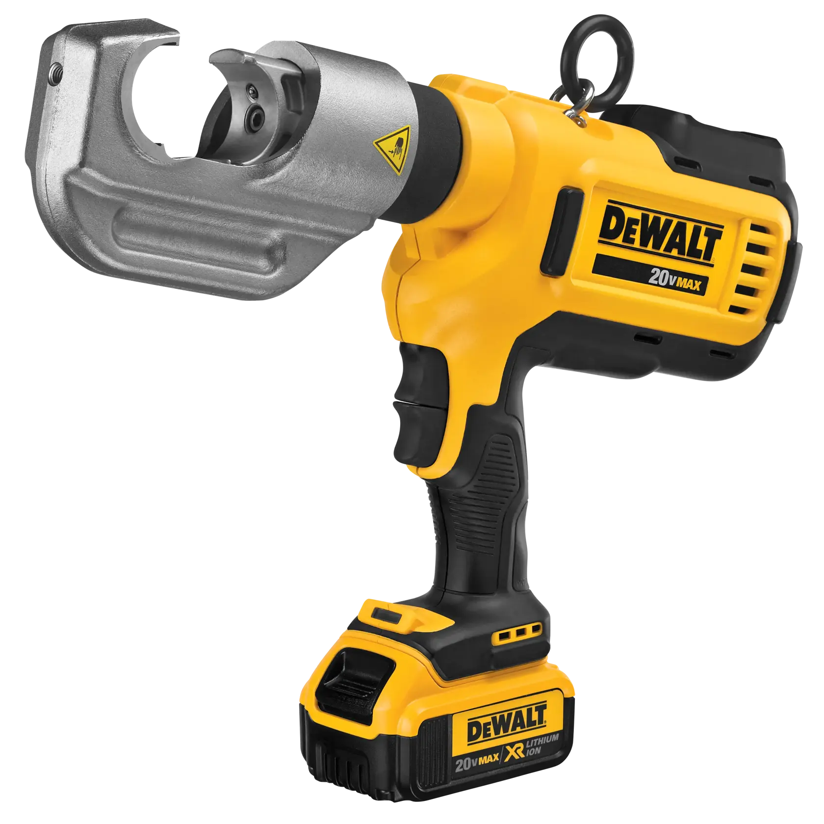 Uma ferramenta de crimpagem sem fio DEWALT 20V MAX amarela e preta, com cabeça de metal e cabo ergonômico.