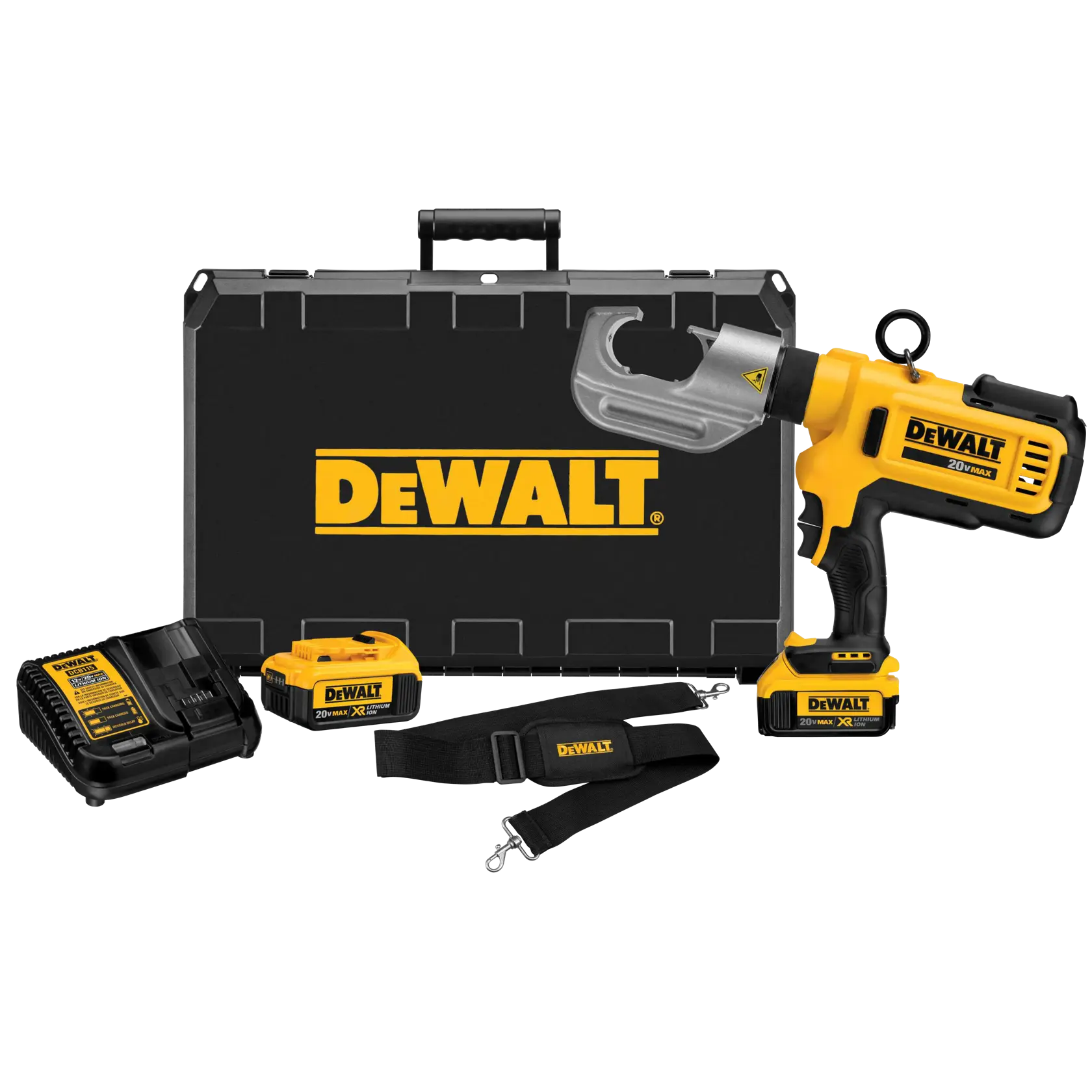 Kit de ferramenta de crimpagem hidráulica DEWALT 20V MAX com estojo de transporte, duas baterias, carregador e alça, exibido em frente a um estojo preto com a marca DEWALT.