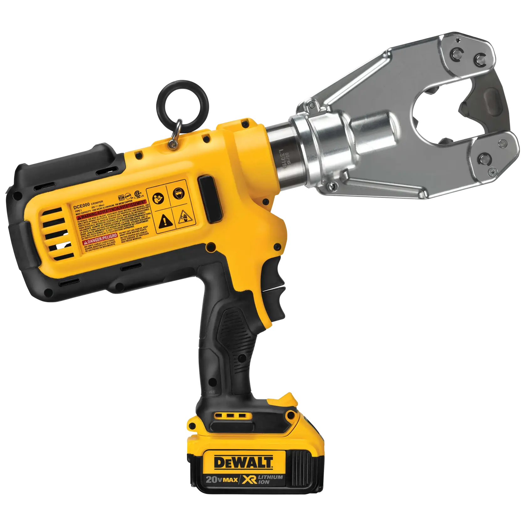 Ferramenta de crimpar sem fio DEWALT 20V Max XR de íon de lítio amarelo e preto, com design de empunhadura tipo pistola e cabeça metálica de crimpar, usada para aplicações mecânicas e elétricas.