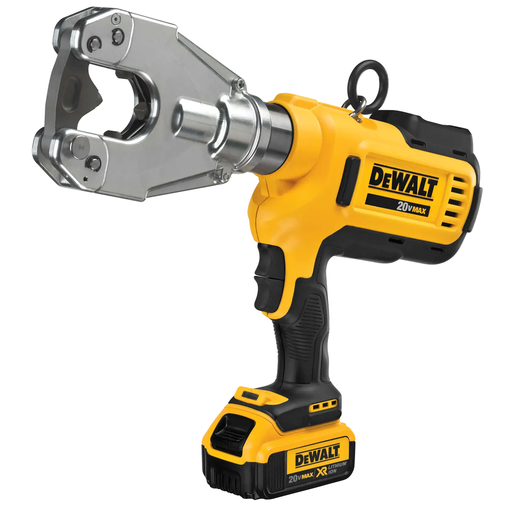 Ferramenta de crimpagem hidráulica sem fio DEWALT 20V MAX, usada principalmente para crimpar e conectar cabos. O aparelho tem design amarelo e preto, bateria de íons de lítio e uma mandíbula metálica robusta.