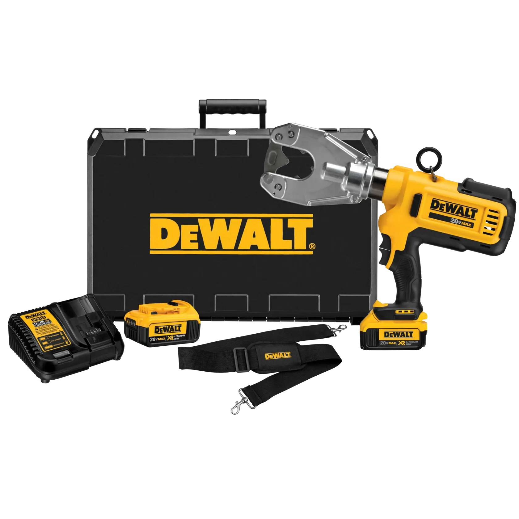 Um conjunto de ferramenta de crimpagem hidráulica DEWALT 20V MAX com uma ferramenta amarela e preta, estojo rígido, carregador de bateria, duas baterias recarregáveis e uma faixa preta.