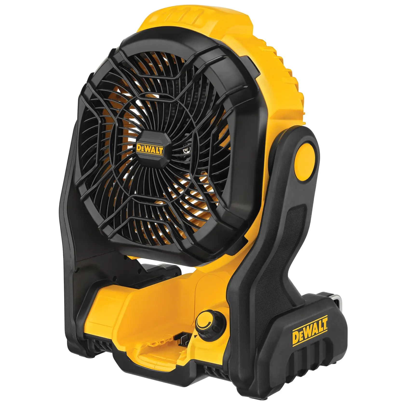 Foto do ventilador portátil DEWALT DCE512B amarelo e preto, ângulo frontal, design resistente.