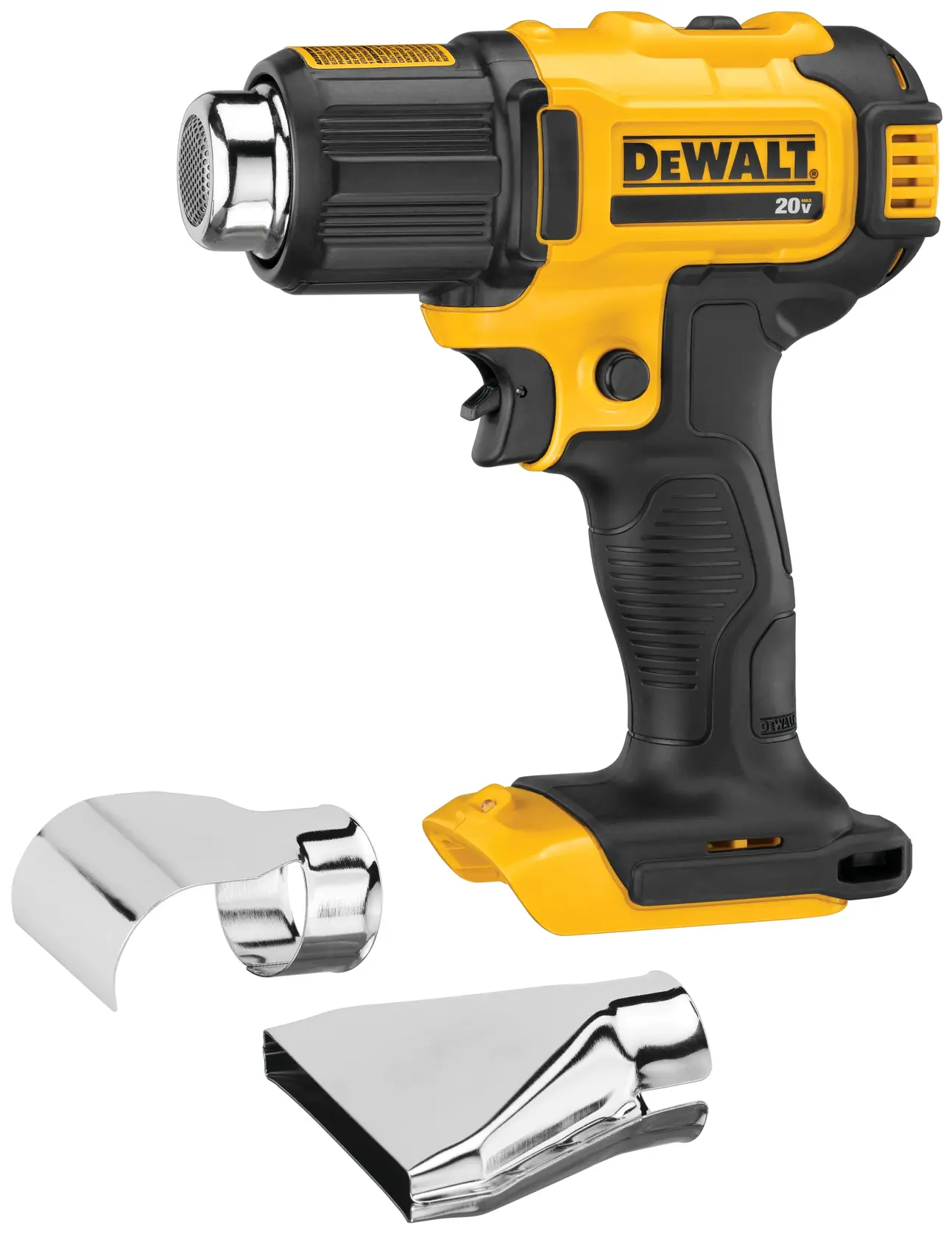 Soprador térmico sem fio DEWALT 20V amarelo e preto com dois bicos metálicos intercambiáveis à frente.