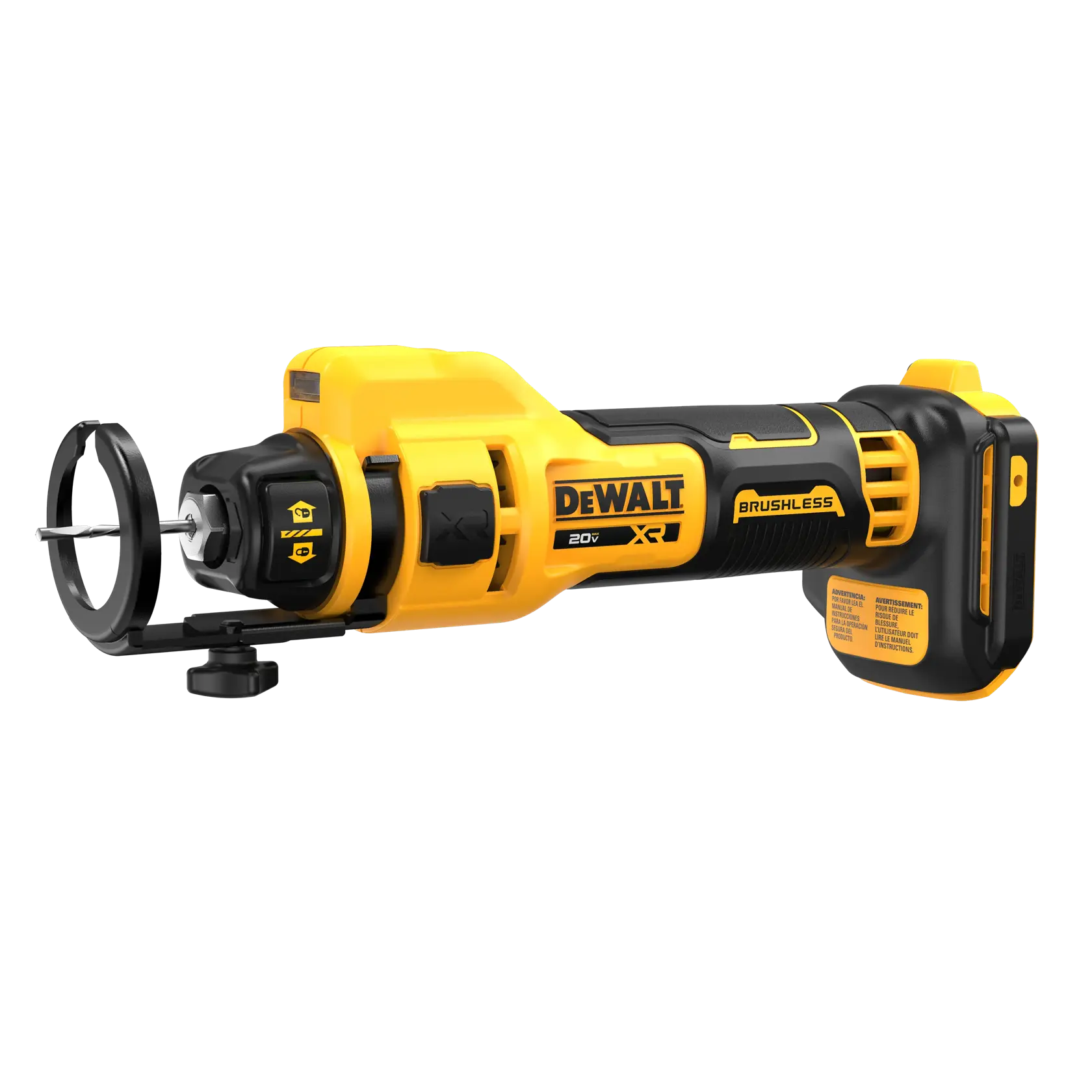 Uma ferramenta rotativa DEWALT 20V XR sem escovas com corpo amarelo e preto, mostrada com proteção e acessório para cortes precisos. A ferramenta é sem fio e projetada para alto desempenho.