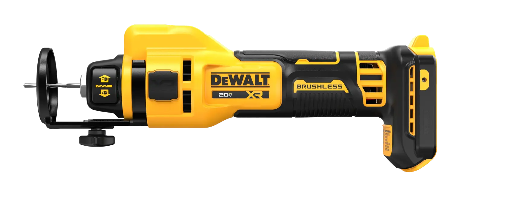 Uma ferramenta rotativa sem fio DEWALT, modelo DCE555B, com tecnologia de motor sem escovas. A ferramenta é amarela e preta, possui uma broca de corte visível e protetor, e foi projetada para cortar drywall e outros materiais.