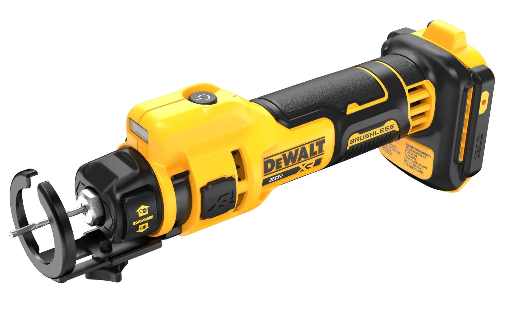 Uma ferramenta de corte rotativa sem fio DEWALT 20V com motor brushless, com design amarelo e preto, mostrada isolada em um fundo branco.