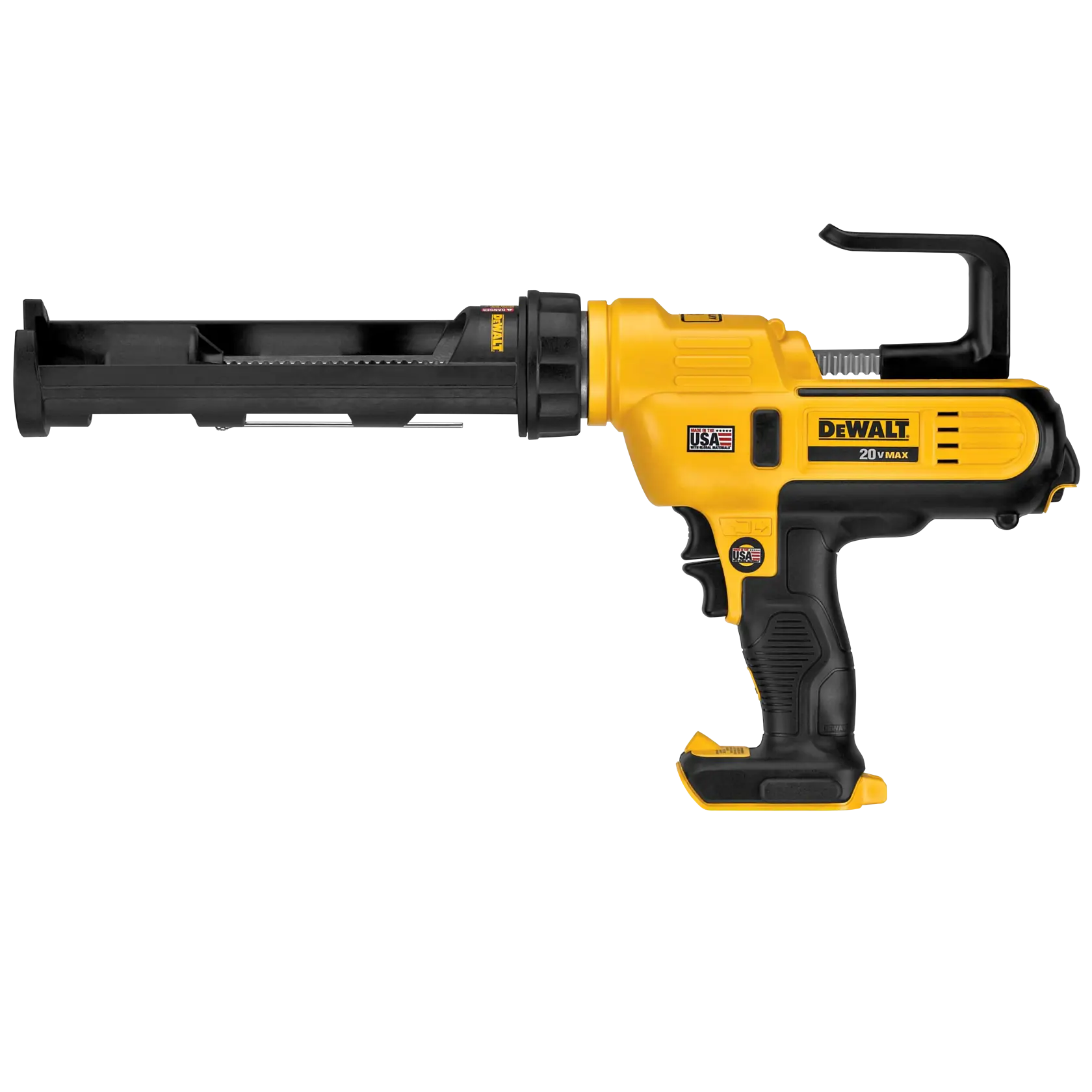Uma pistola de calafetagem sem fio DEWALT 20V MAX com corpo preto e amarelo, projetada para aplicar selantes e adesivos.