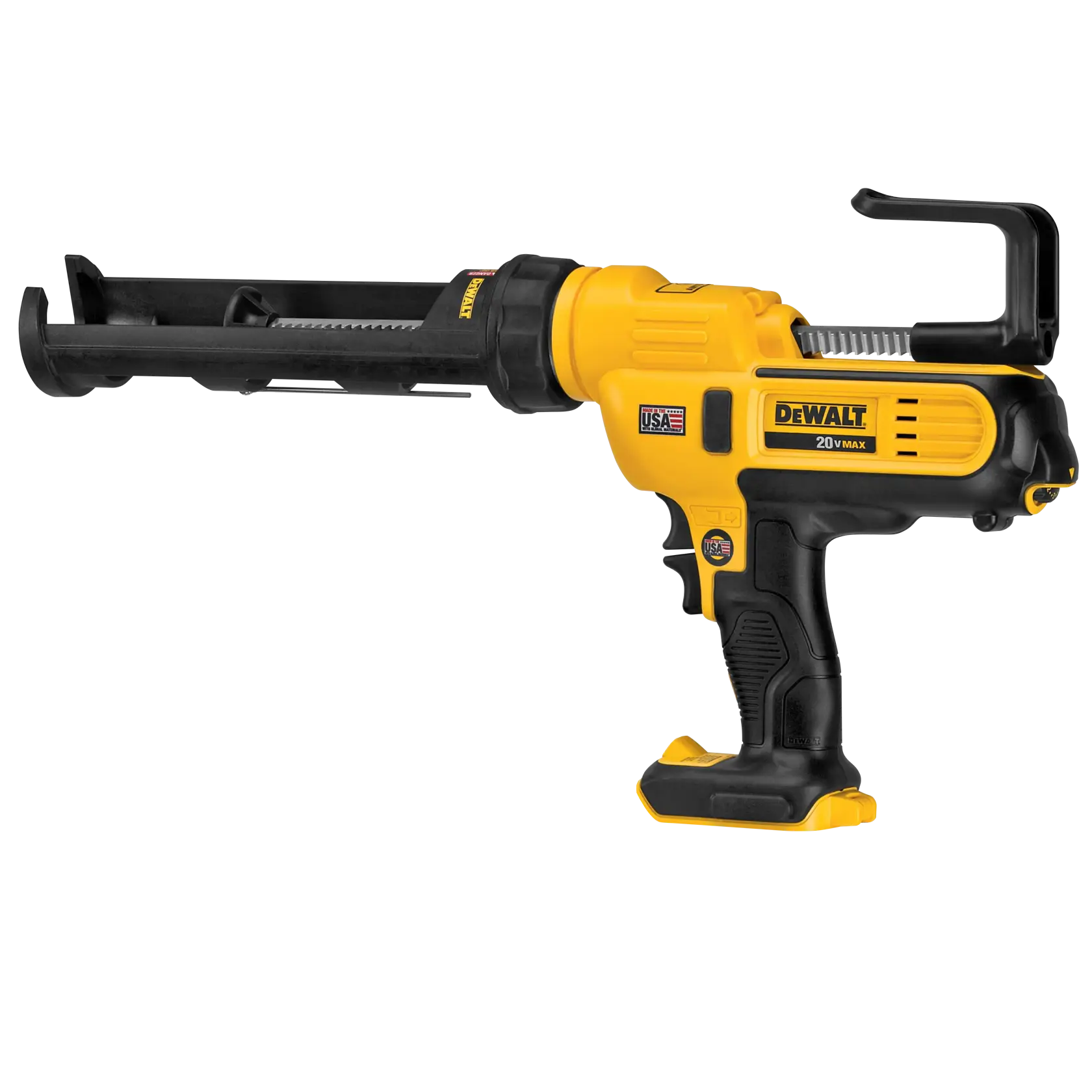 Uma pistola de calafetagem sem fio DEWALT 20V MAX com corpo amarelo e preto, cabo com gatilho e suporte de cartucho aberto.